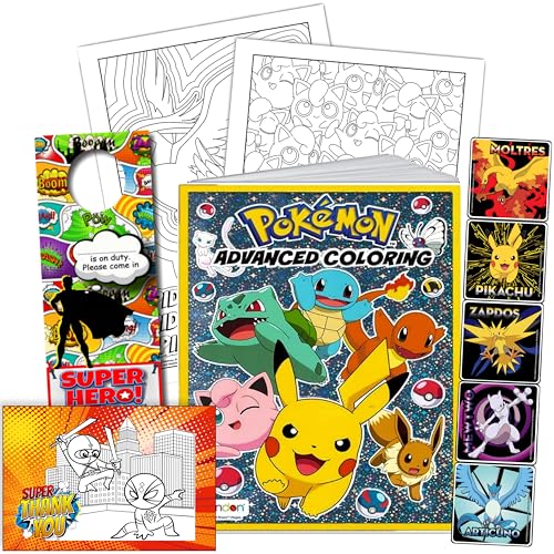 Image of Bendon Pokemon Advanced Coloring and Stickers Activity Set with Pokeman Advanced Coloring Book, Sticker Book, Pokeman Reward Stickers, 2-Sided Door Hanger