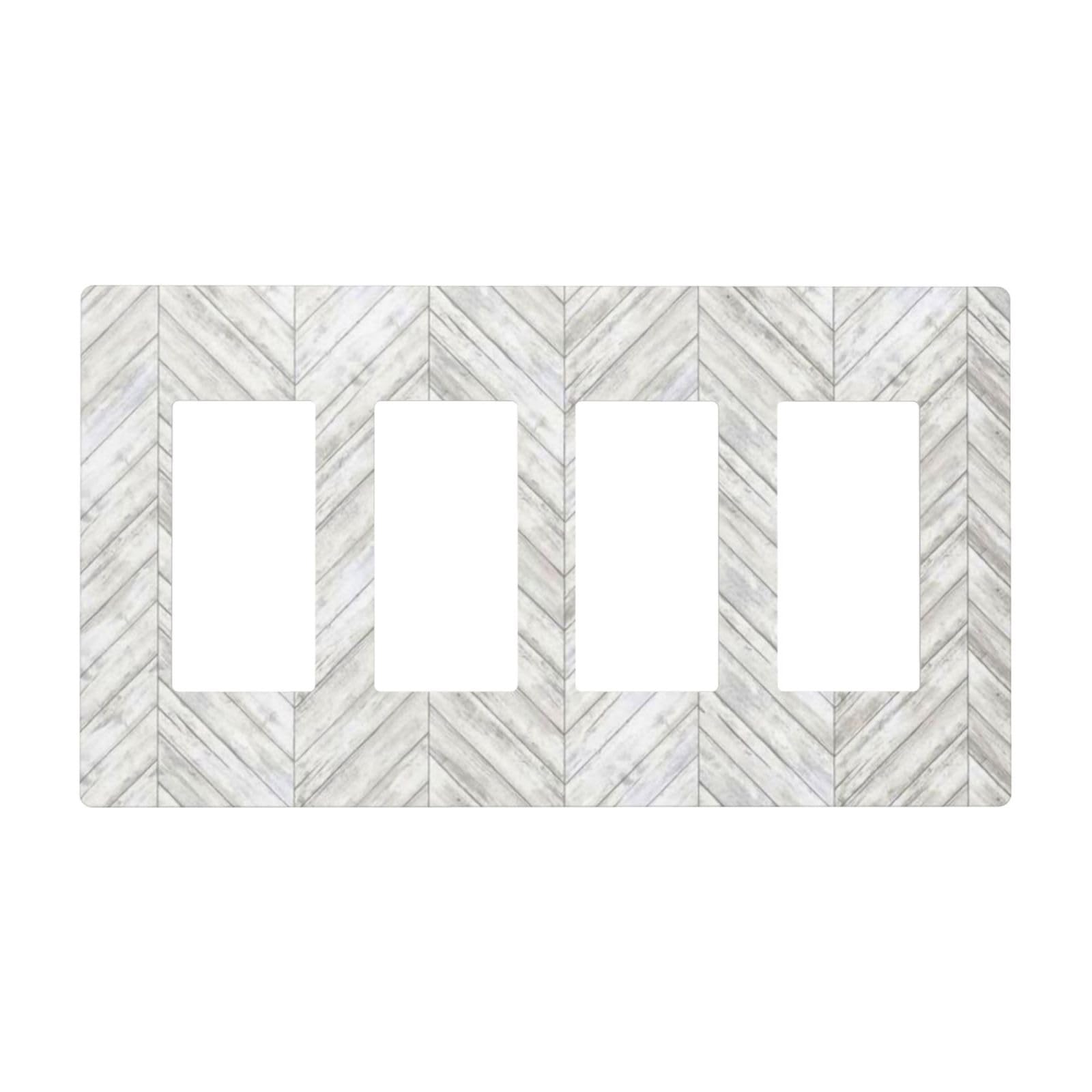 White/Grey Herringbone Wood Wooden 4 Gang Quad Rocker/GFCI/Decorator Light Switch Cover Plate Decorative Electric Quadruple Faceplate Switchplate Screwless