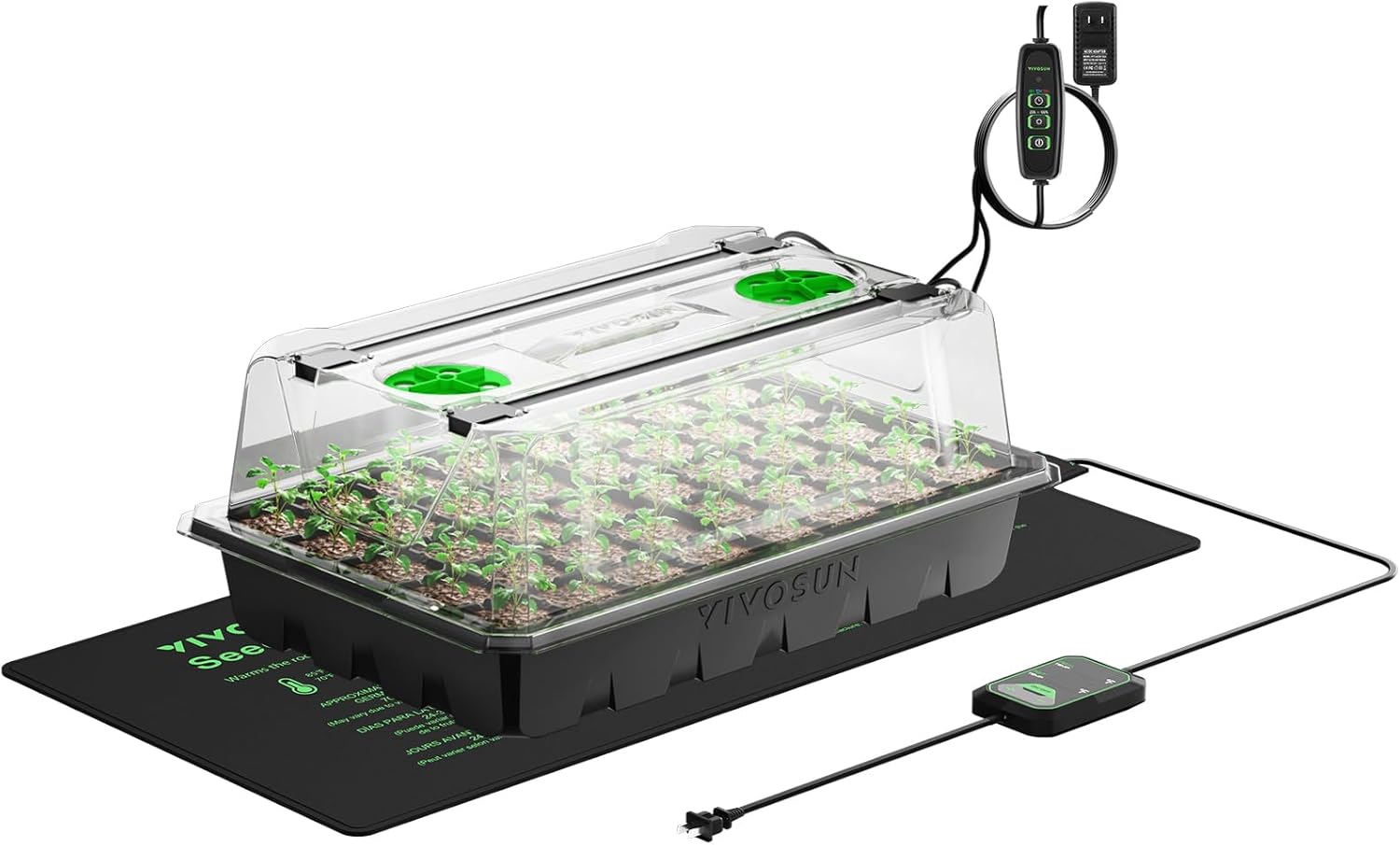 VIVOSUN 1-Pack 40-Cell Seed Starter Trays with 1 Set of LED Lights and 10″x20.75″ Seedling Heat Mat, 3.6″ Higher Cover, Adjustable Vents, Drainage Holes, Green Propagation Tray for Planting Seeds