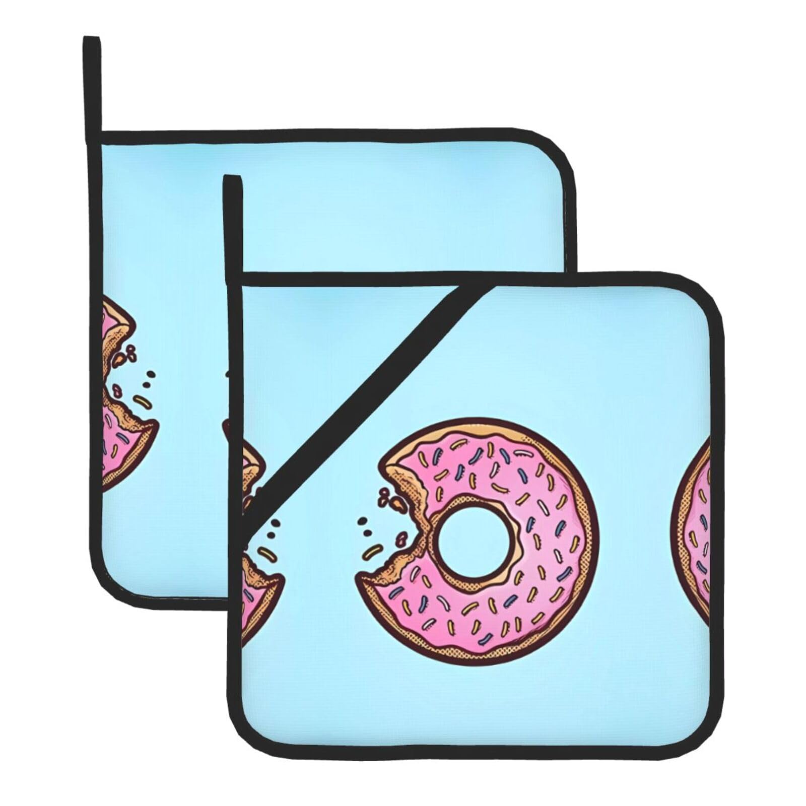 WHJSSF Donut Prints Square Hot Pads for Kitchen Counter - Waterproof Trivets with Hanging Loop, Thick Pot Covers for Serving, Oven & BBQ - Set of 2 (1 with Pocket)