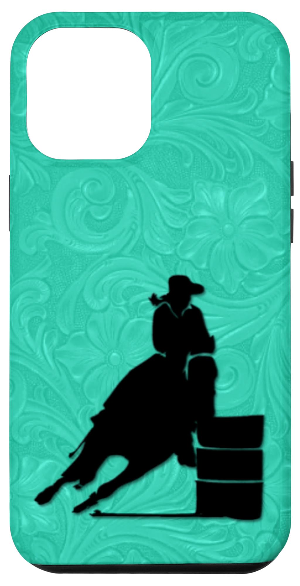 iPhone 15 Pro Max Barrel Racing Horse On Turquoise Floral Tooling Case