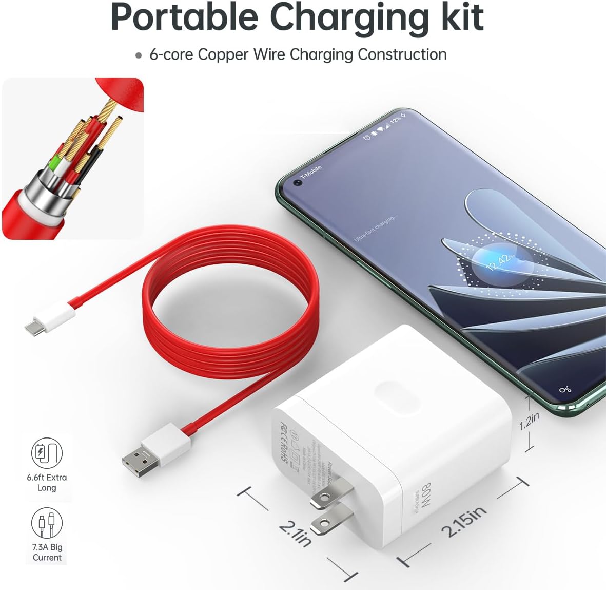 Compatible for Oneplus 15 15R 13 12 12R 11 10 Pro Charger 80W 65W Super Wall Block for One Plus 9 Pro 10T 13R 10R 8T 8 7T 7 9R Pad Open Nord 3 4 CE N20 N10 N30 Fast Charging 6.6ft Cable