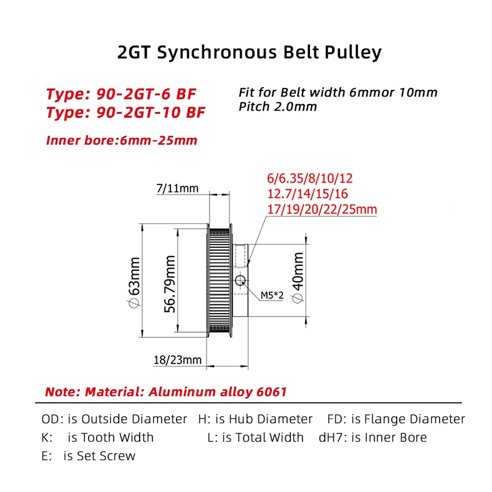 Timing Pulley 90 Teeth 2GT Timing Pulley, Bore 6/6.35/8/10/12/14/15/16/17/19/20/22/25mm, for GT2 Synchronous Belt Width 6/10mm 90Teeth 90T (NO.1413)(Belt Width 9mm,Bore 22mm)