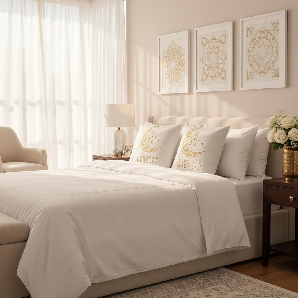 Ramadan Pillow Covers 18x18 inch Set of 2 Beige and Gold Velvet Throw Pillow Covers Ramadan Eid Mubarak Cushion Covers Moon and Star Decorations for Home Couch Sofa Outdoor