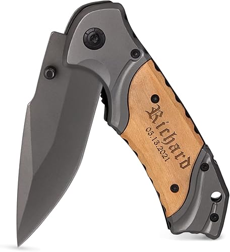 Miniatura 1 de Fodiyaer Cuchillos personalizados para hombres  Cuchillo de bolsillo grabado personalizado  Idea de aniversario de madera para él  Idea de Navidad