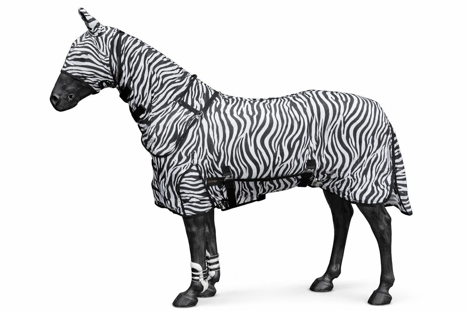 Horse Zebra Fly Rug with Detachable Neck, Belly Wrap, Fly Mask and Extra Large Tail Flap, Size 4'0" to 6'9" (6'0")