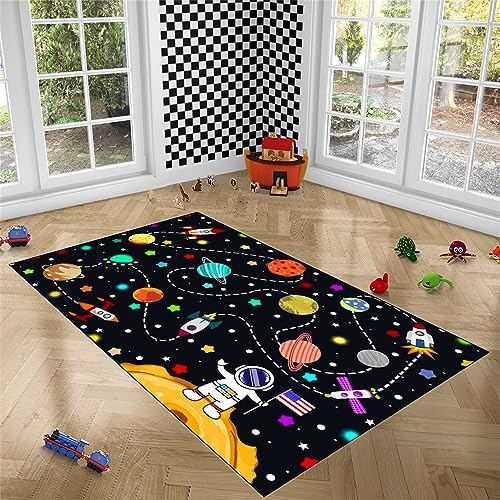 Space Area Rugs for Boys Bedroom - Cute Cartoon Planets Carpet Rug Indoor Sofa Floor Mats Solar System Space Theme Living Bedroom Dining Room Decor Crystal Polyester Area Rug Door Mats, 63" L x 47" W