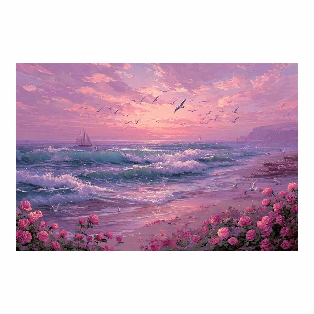 HOQIU Natural scenery wall art Pink Ros Beaches es Sunset decorative painting, wall art, for Living Room Bathroom Bedroom Kitchen Decoration.(Multicolor)-80x120cm Unframed