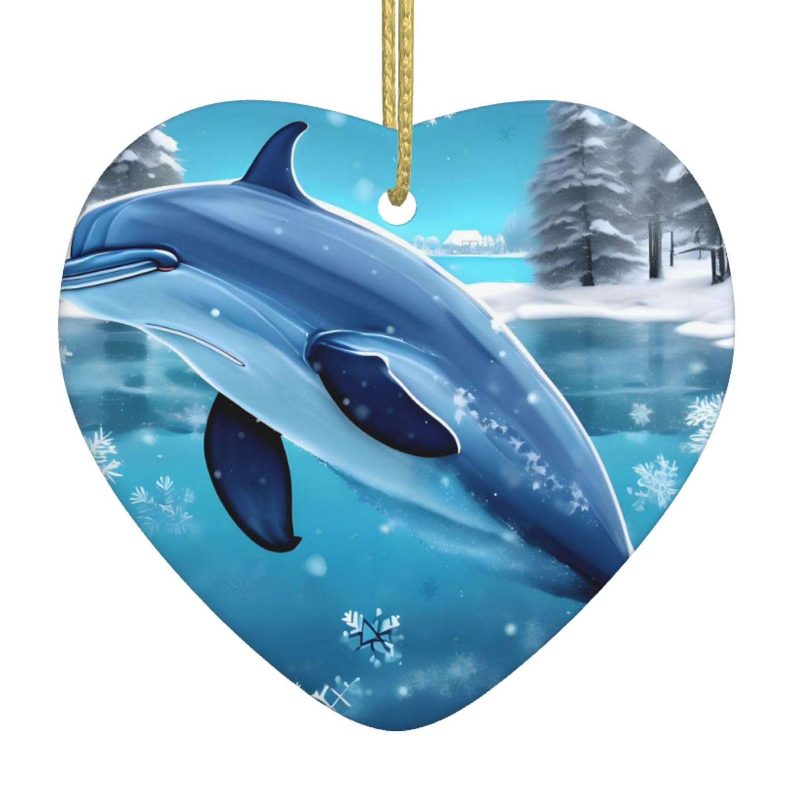 Winter The Dolphin Ceramic Christmas Heart Pendant with Silk Thread, Christmas Tree Home Decoration