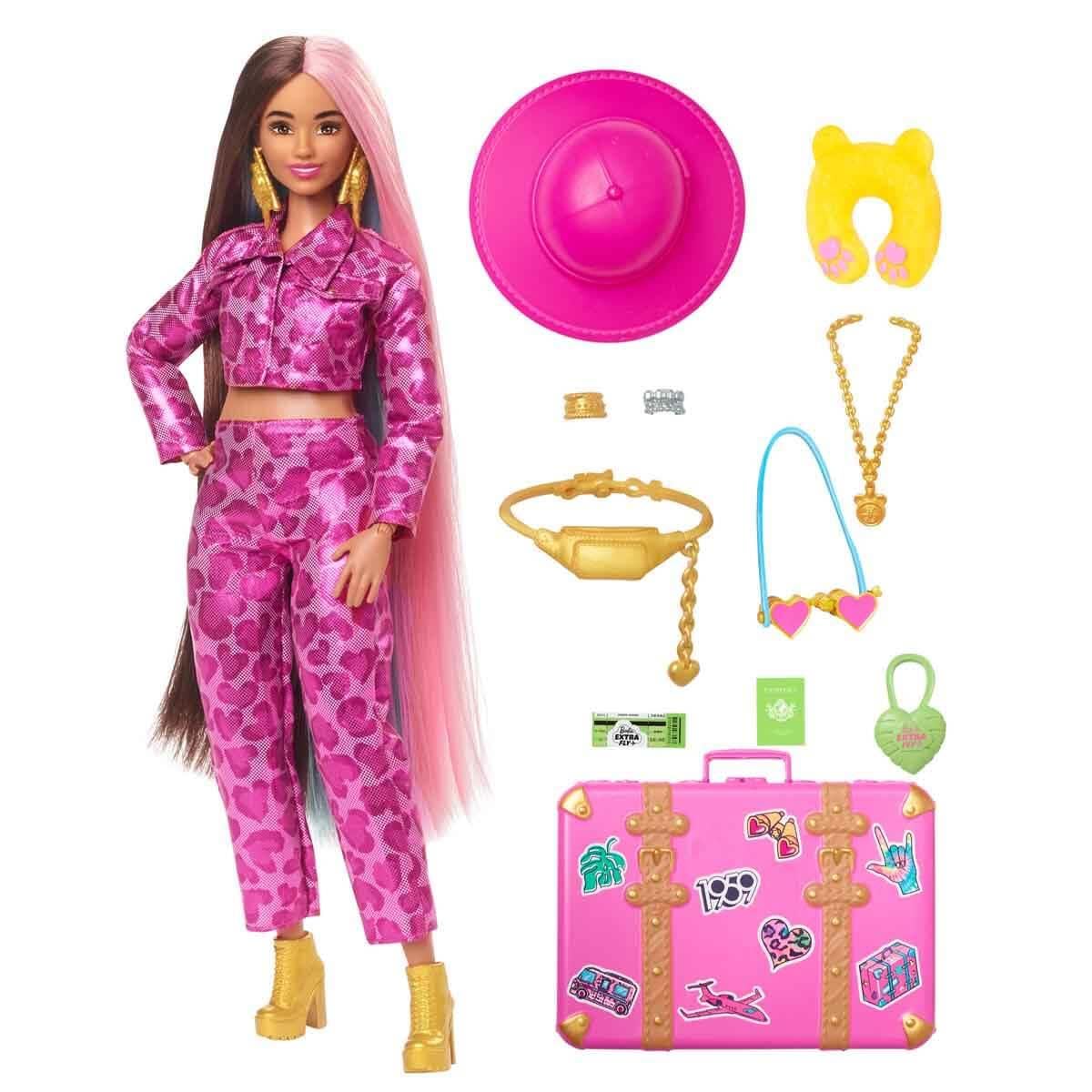 Barbie Extra Fly Lalka Safari w podróży z ubrankami na safari, strój ze zwierzęcym nadrukiem i walizka HPT48