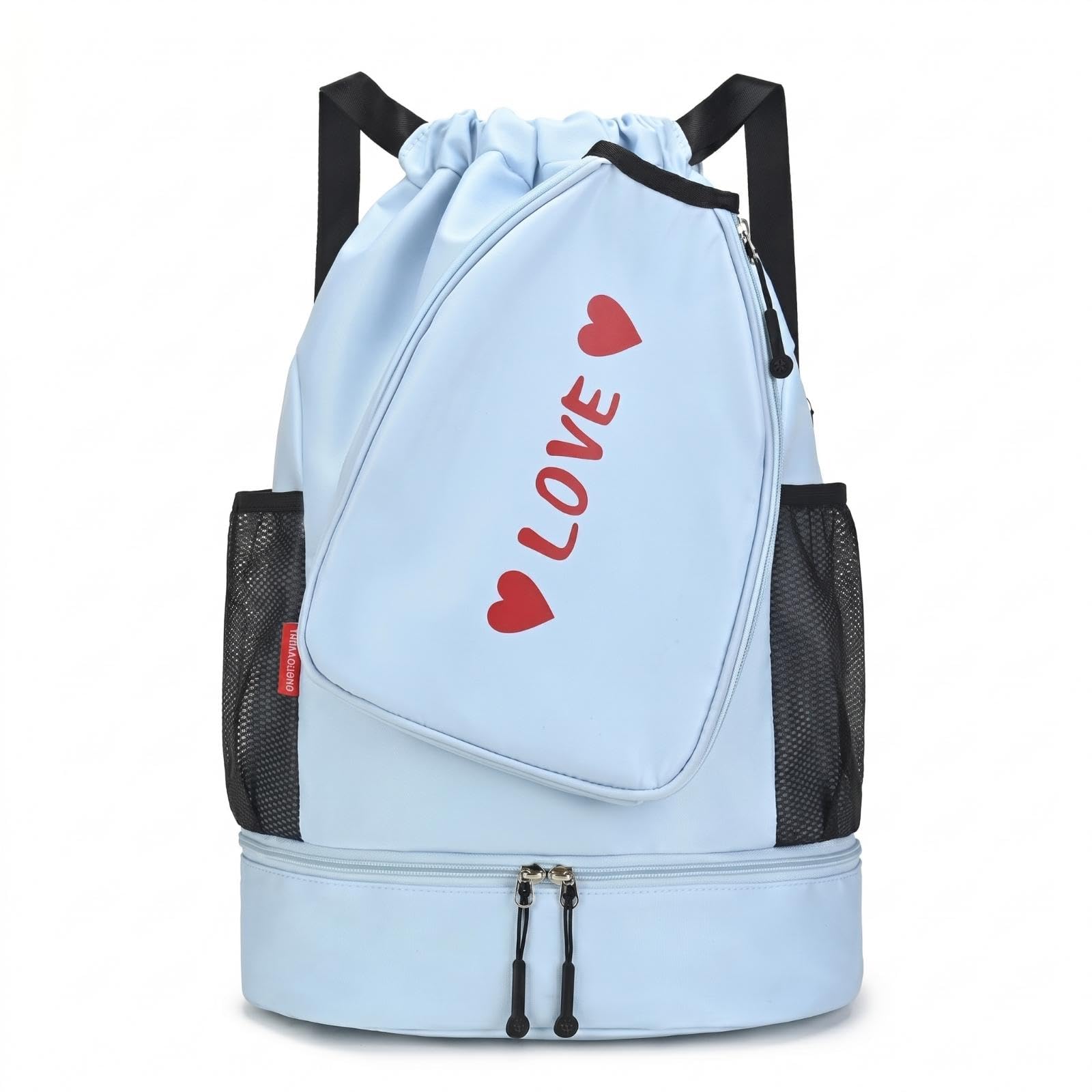 Drawstring Backpack Zippered Multi-Compartment Backpack Mesh Pockets Gym Sack Light Blue-image-20