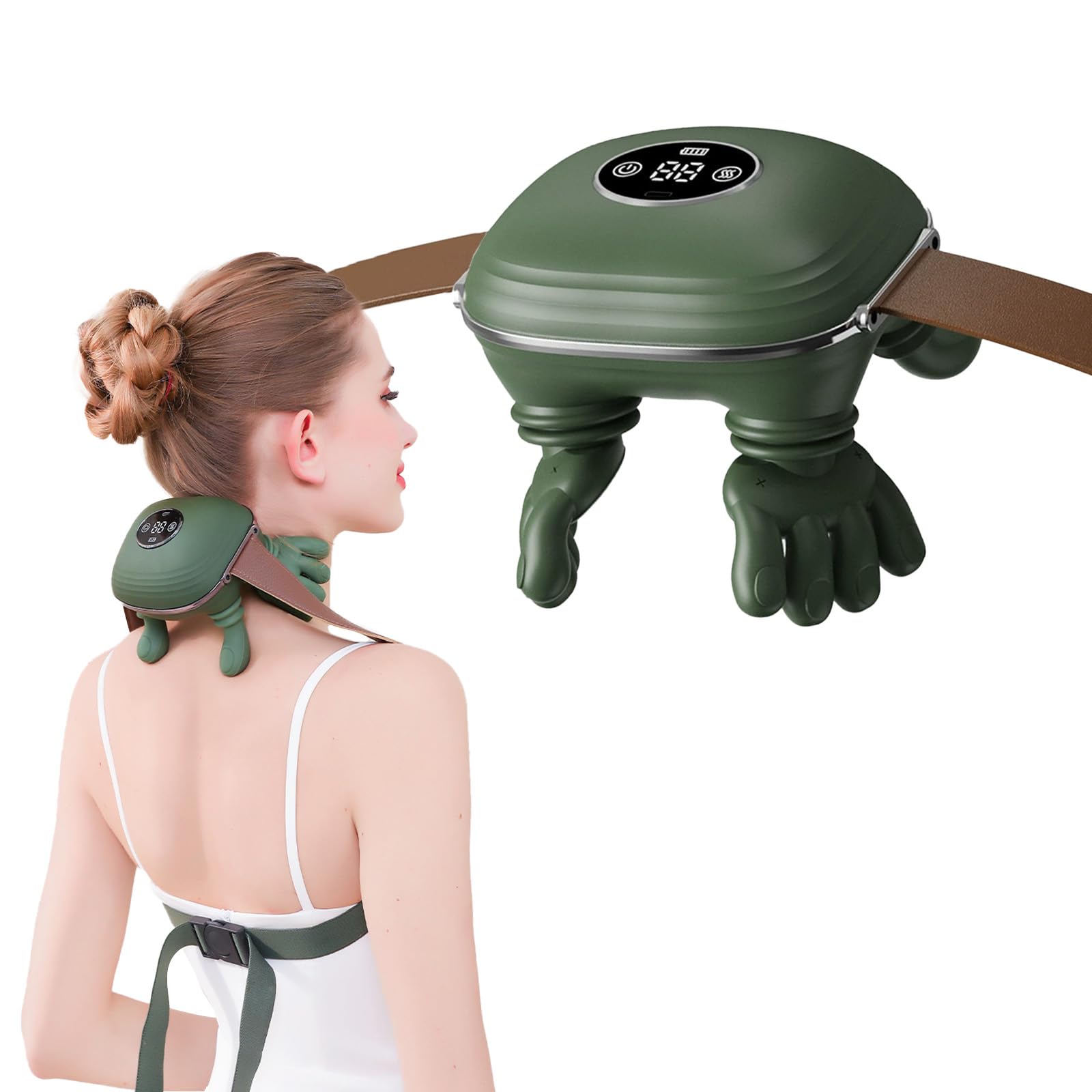 Masajeador Cervical y Espalda 4D a Mano Biónica,Eléctricos Masajeador Shiatsu Portátil,Masajeador Cuello Eléctrico con 3 Niveles de Intensidad y 2 Niveles de Calor Alivia Dolores y Fatiga (Verde)