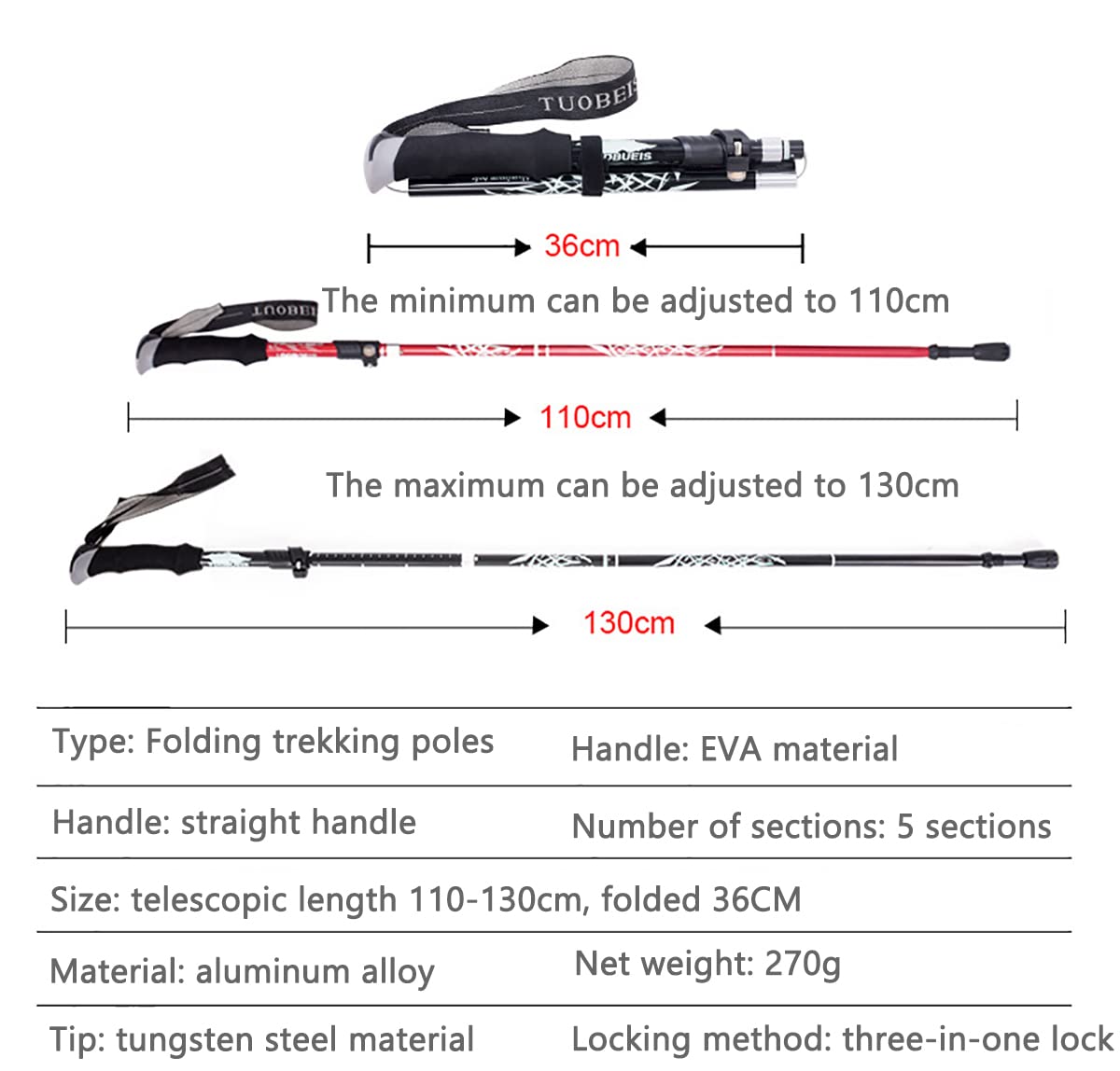Moxilyn Bâtons de Randonnée Télescopiques Ultra-léger Bâtons de Marche Pliable Antichoc Antidérapant Bâtons Réglable de 36 à 130 cm et Fermeture pour Le Conditionnement du Trekking