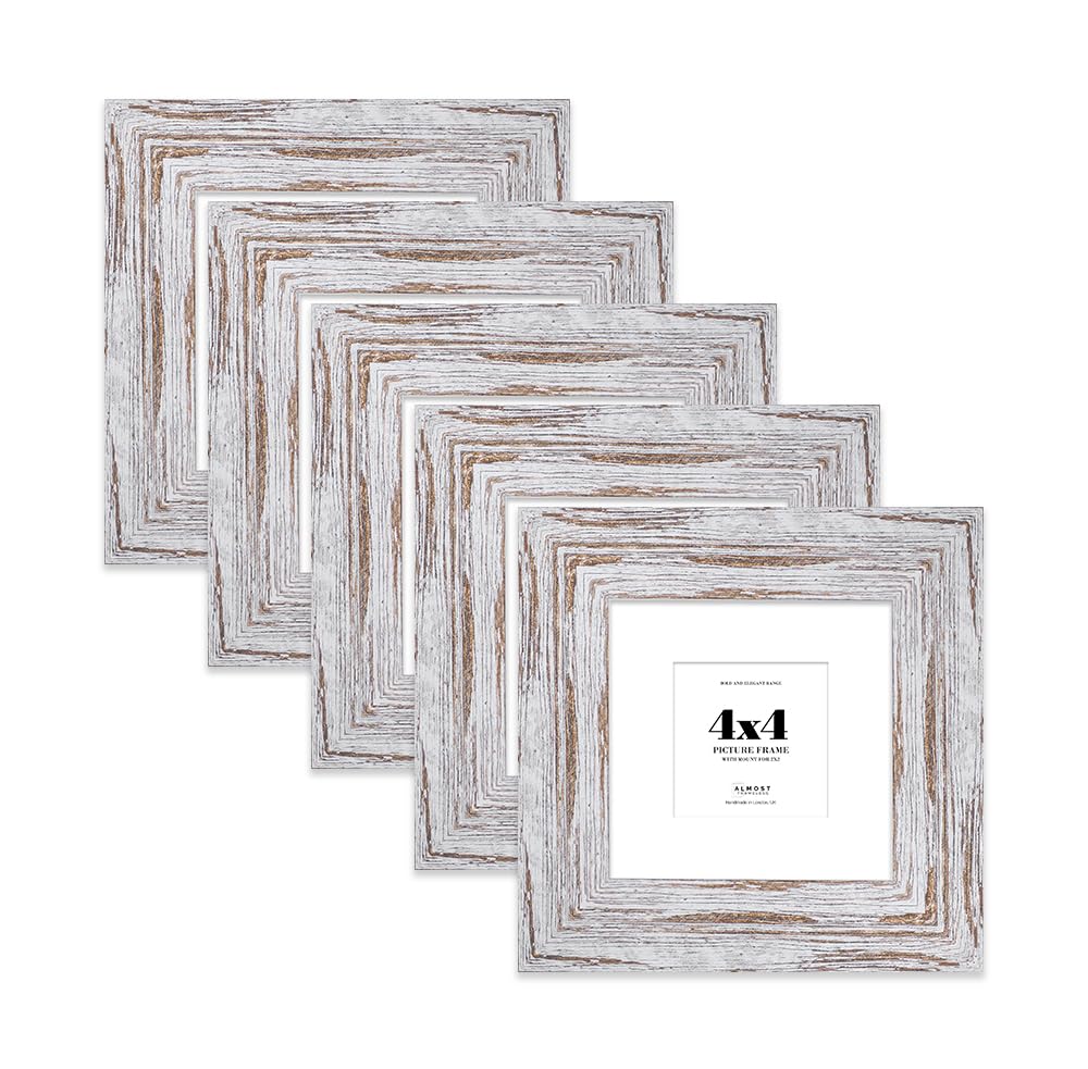 4x4" Distressed Wood Square Frame With Mount for 2x2" Pictures 28mm Edge Frame Display with Wall Hooks and Kickstand, 5 Pack