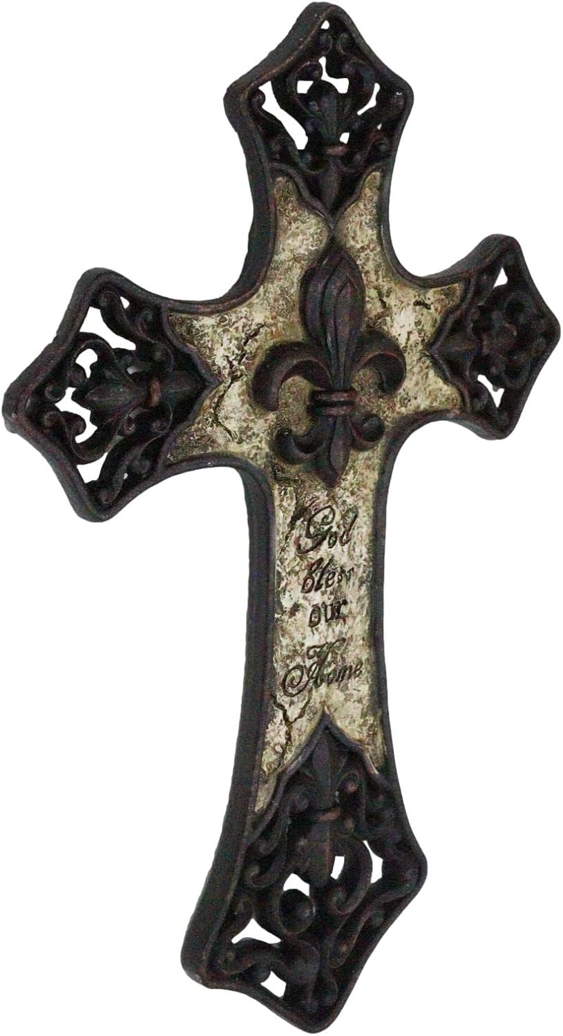 Ebros Gift Rustic Southwestern Tuscany Christian Inspirational Fleur De Lis French Lily God Bless Our Home Wall Cross Plaque Decor Sculpture Figurine