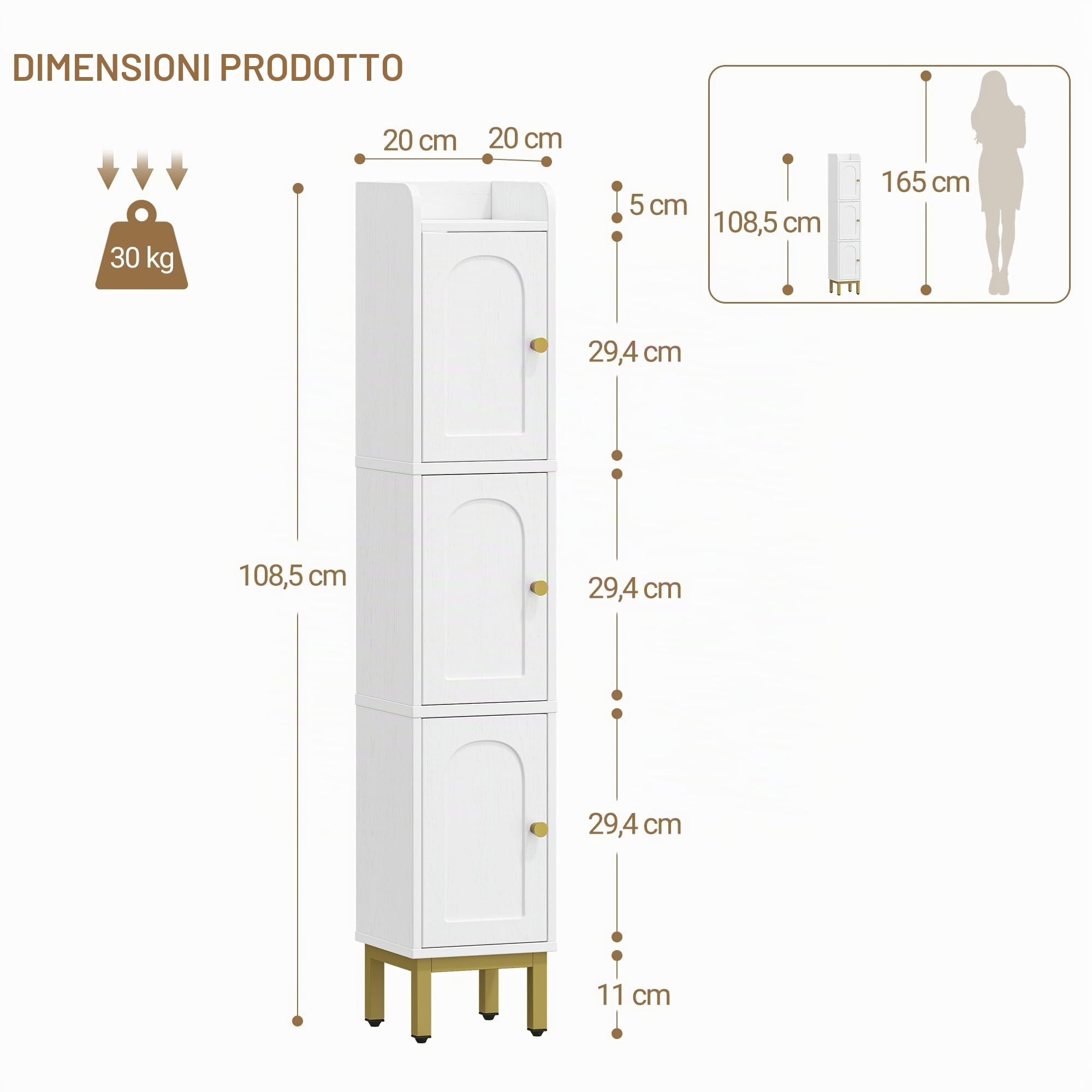 Hzuaneri Mobile Bagno,3 Ante,4 Piedini Regolabili,20x20x108,5 cm,EBC22313G | Mobiletto Bagno Salvaspazio, Colonna Bagnos, per Soggiorno, Lavanderia, Bianco, EBC22313G