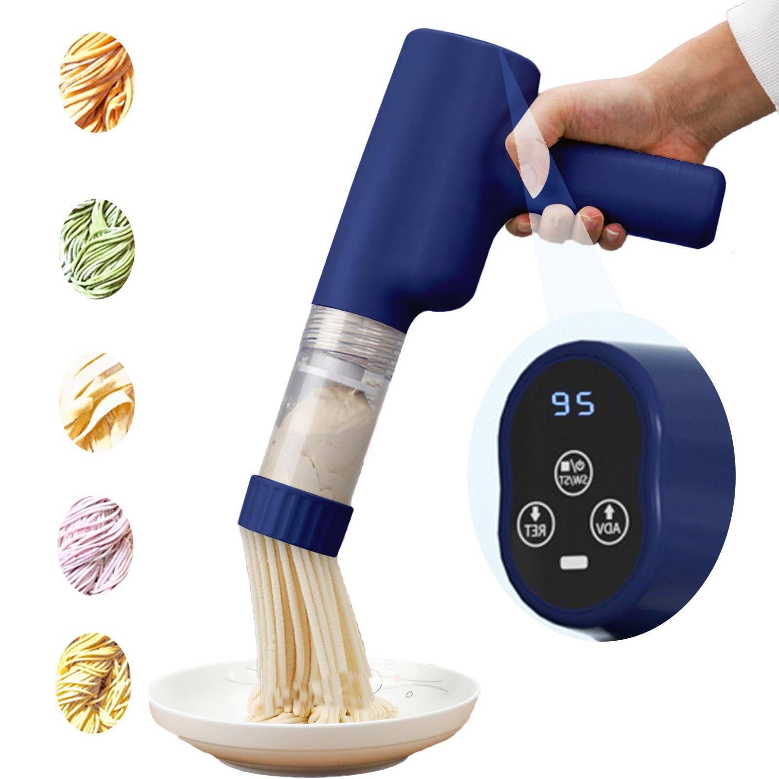 Máquina de Pasta Eléctrica de Mano, Máquina para Hacer Pasta Automática Portátil con 7 Accesorios para Espaguetis Multifuncional Máquinas para Pasta Fresca pare Fettuccine Salchichas Caseras Azul
