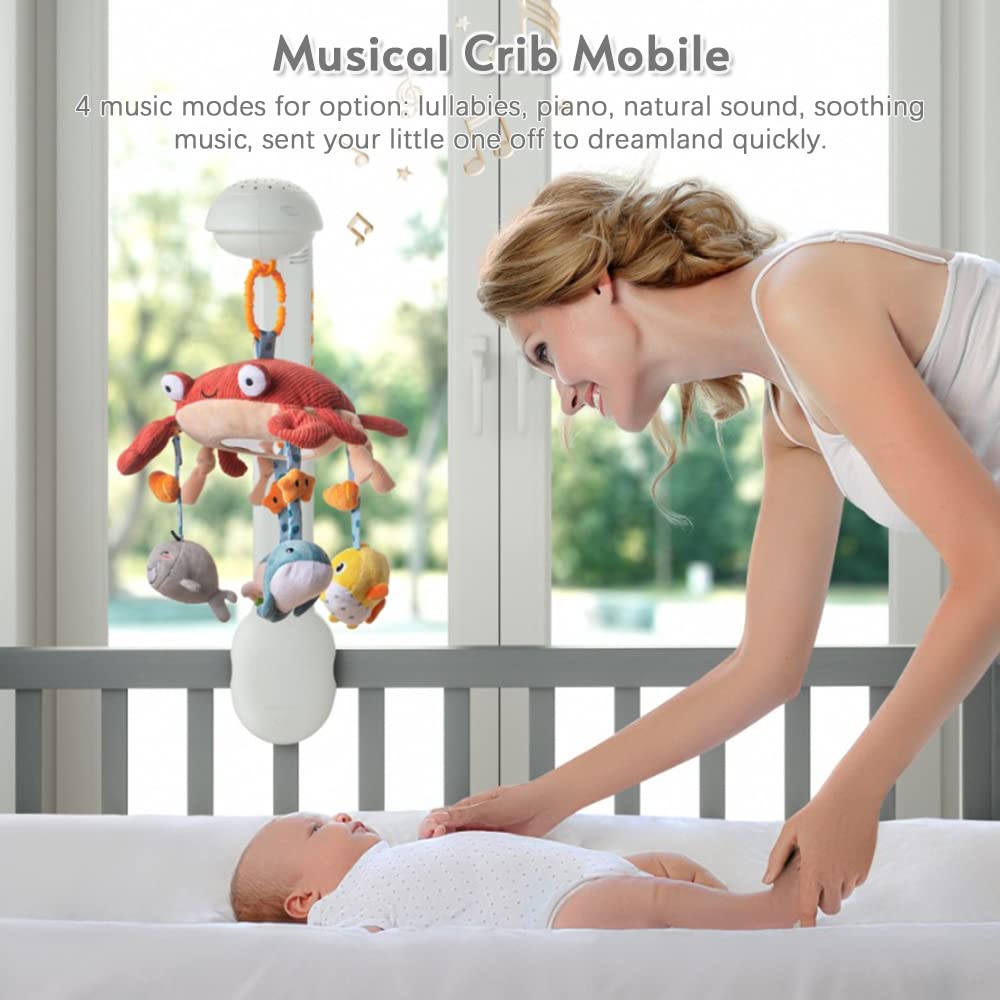 Domary Baby-Mobile für das Kinderbett mit Sternenhimmel-Projektor, 360 Drehbar, Niedliche Cartoon-Rasseln, Schlaflieder, Klaviermusik für Neugeborene