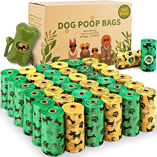 AMAYGA Bolsas para Caca de Perro,33 Rollos/660 Unidades,Extra Grueso Prueba de Fugas, Bolsas para residuos de Perros, 1 dispensador