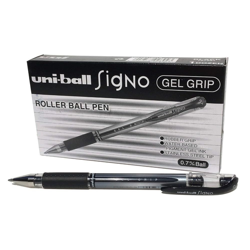 uni-ball - Signo Gel Grip, Fine Nib, Black Ink, Rollerball Gel Pens (12pc Set) - Smooth, Comfortable, Long Lasting, Japanese Quality, for School, Work, Office, Study, Teacher, Notes, Journal, Gift