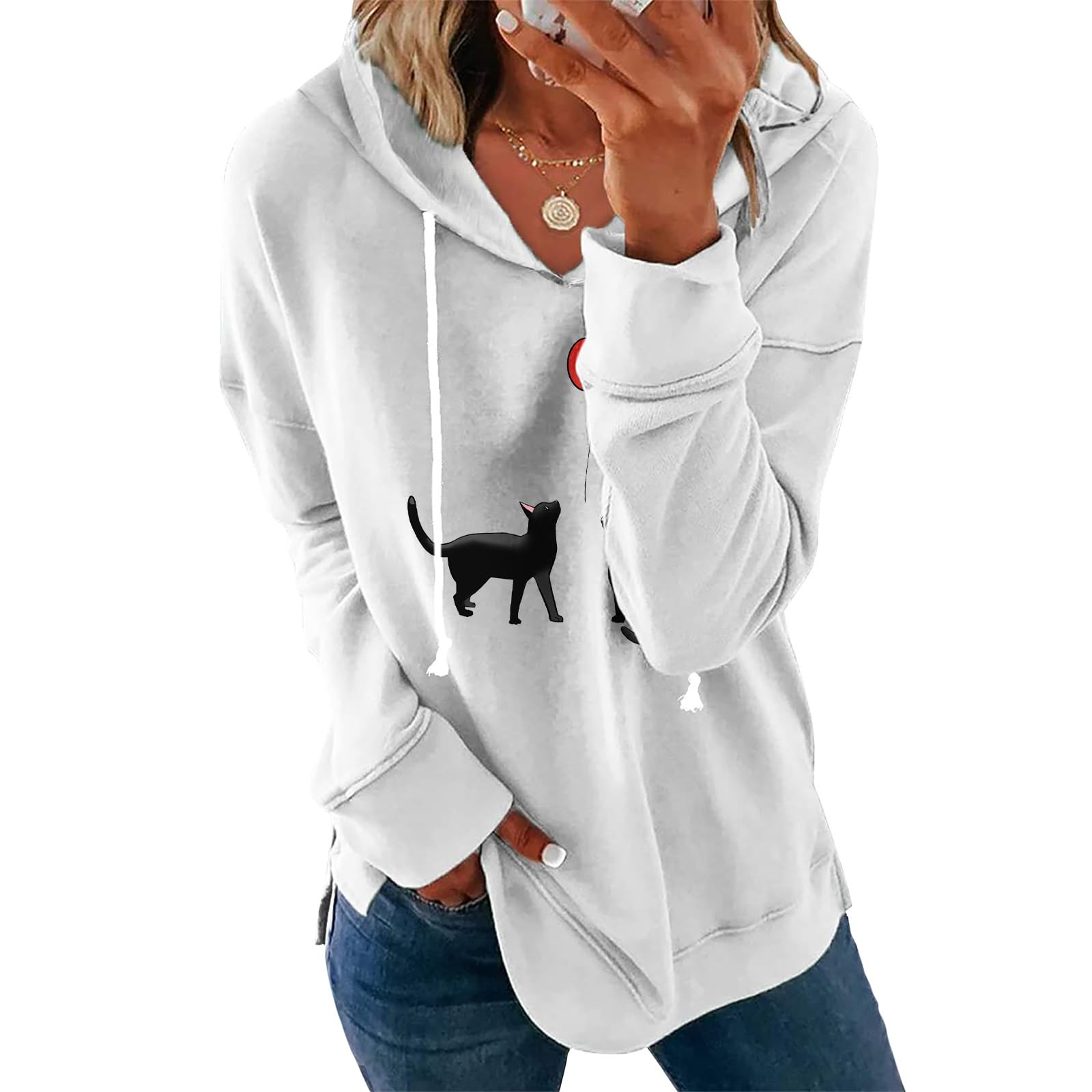 - Women's White Floral Print Hoodie Long Sleeve Pullover Sweatshirt Loose Fit Cotton Blend Drawstring Hooded Top
