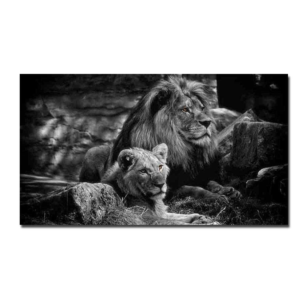 Lion couple toile noir et blanc mur art image décorative moderne salon 90x140