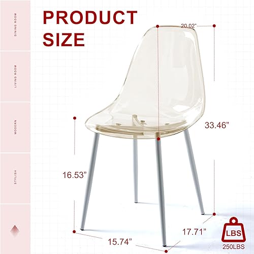 Miniatura 5 de Juego de 4 sillas de comedor transparentes, sillas de plástico acrílico con patas blancas de metal, sillas de cocina modernas de estilo fantasma,