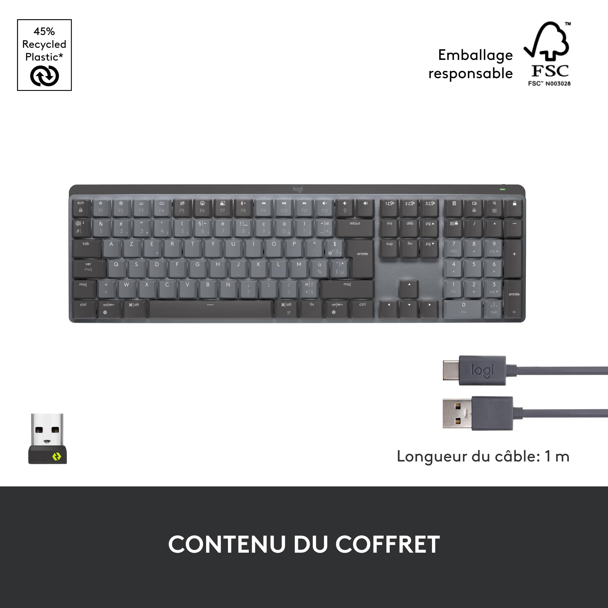 Logitech MX Mechanical Clavier sans Fil Rétroéclairé Performant, Boutons Tactiles Silencieux, Rétroéclairage, Bluetooth, USB-C, macOS, Windows, Linux, iOS, Android, Métal, Français AZERTY - Gris