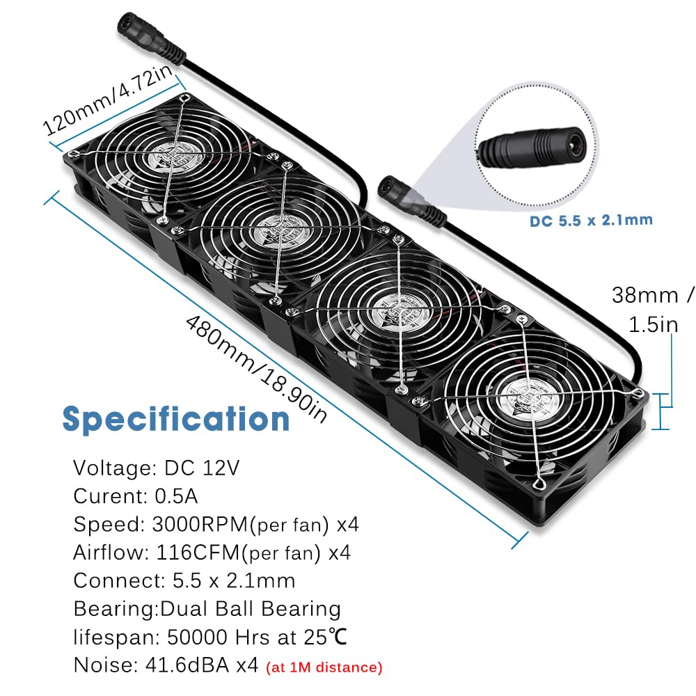 GDSTIME Lot de 4 ventilateurs de 120 mm - 230 V - Grand flux d'air - 120 mm x 38 mm - 220 V CA axial - Avec prise CA 4 V - 12 V - Vitesse réglable pour armoire de serveur et garage