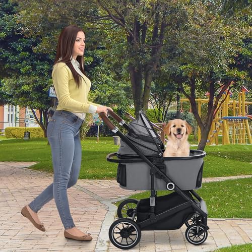TODEFULL Pet Stroller with 4 Wheels, 3 in 1 Folding Puppy Strollers for Small/Medium Dogs Cats up to 50lbs, Lightweight Pet Travel Carrier with Detachable Cushion, Storage Basket and Cup Holder, Gray - Image 3