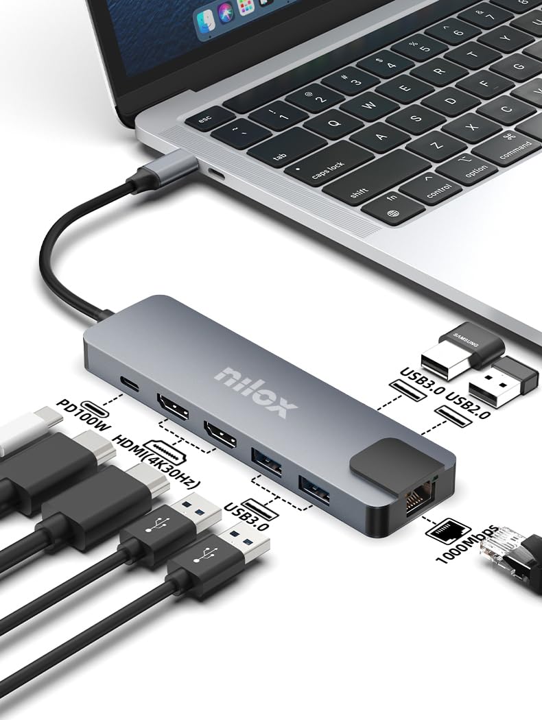 Nilox, Docking Station 8-in-1, con 2 porte HDMI, 3 USB 3.1, 1 USB 2.0, 1 porta Ethernet Gigabit, 10/100/1000Mbit, 1 USB-C Power Delivery (fino a 100W), Grigio
