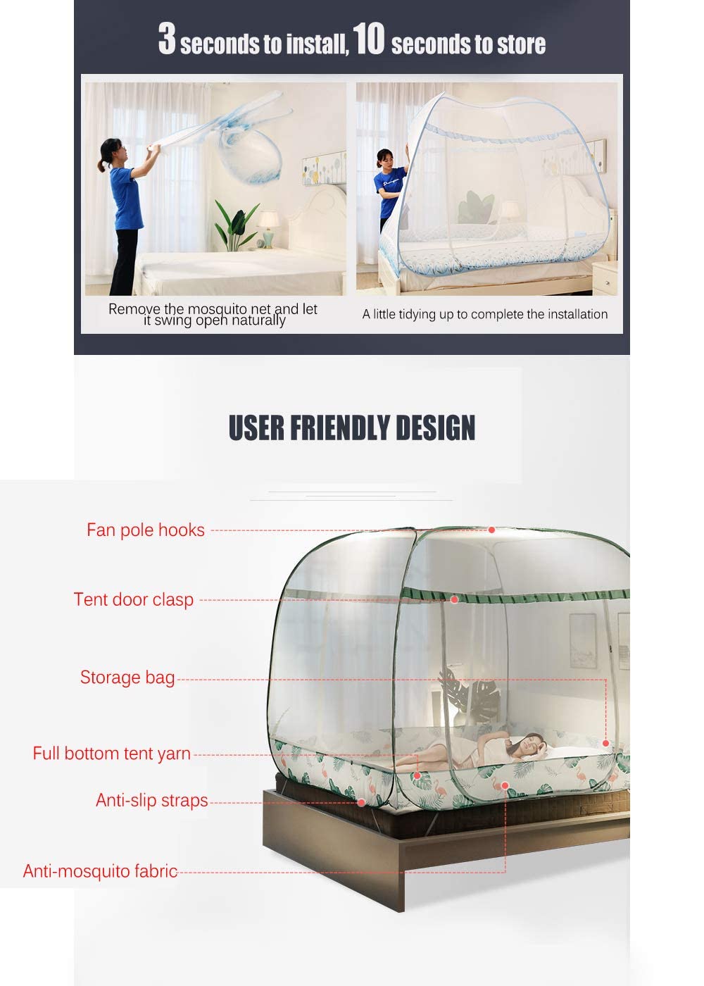 Mosquitera Plegable emergente para Cama, Dosel portátil para Viajes, para Cama Individual/Doble, Tienda de campaña, 1,2 * 2 m, 3