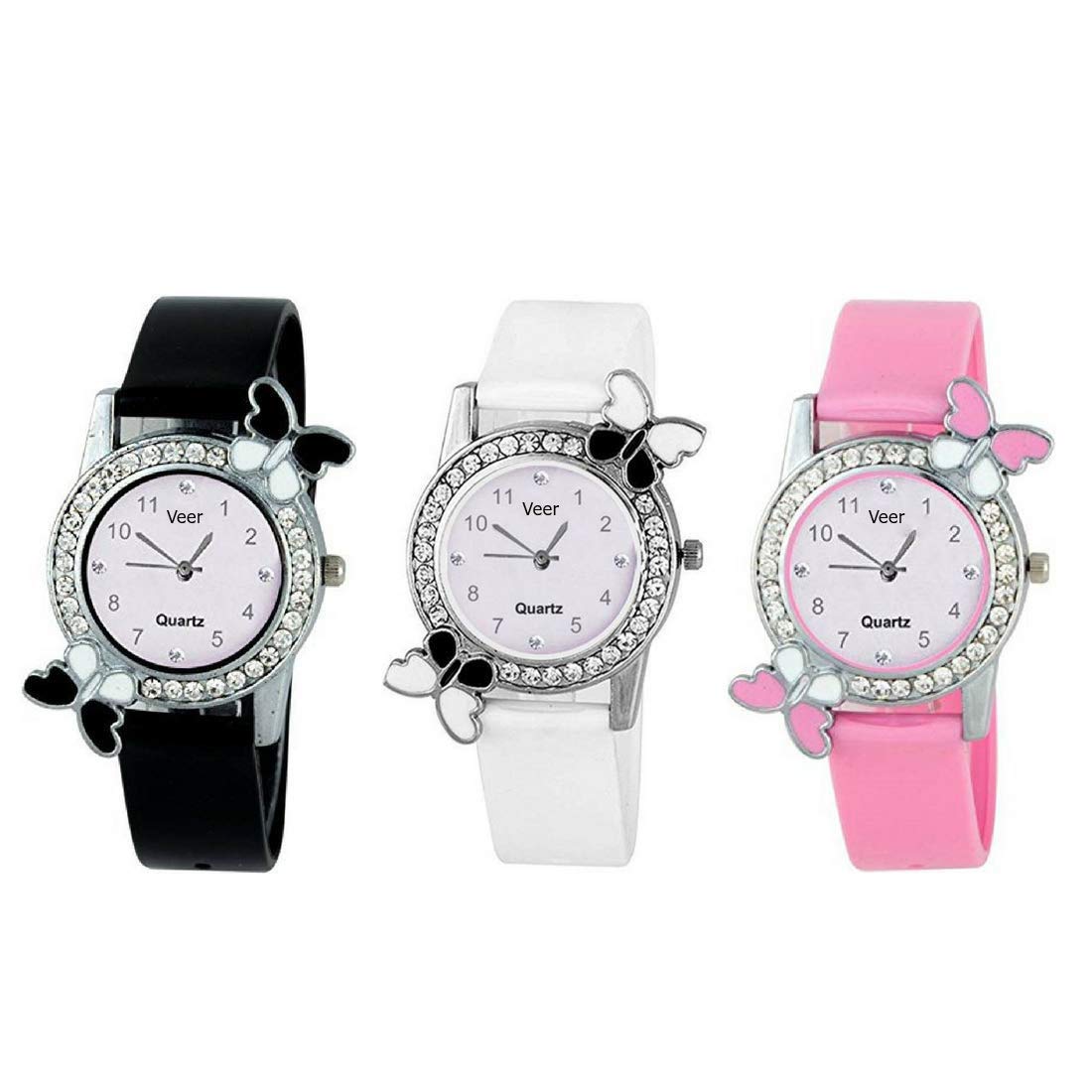 Veer Quartz Analogue Multicolour Dial Black White and Pink Butterfly Design Rubber Belt Combo of 3 for for Girls & Women (B0846N8GYZ) Amazon Price History, Amazon Price Tracker