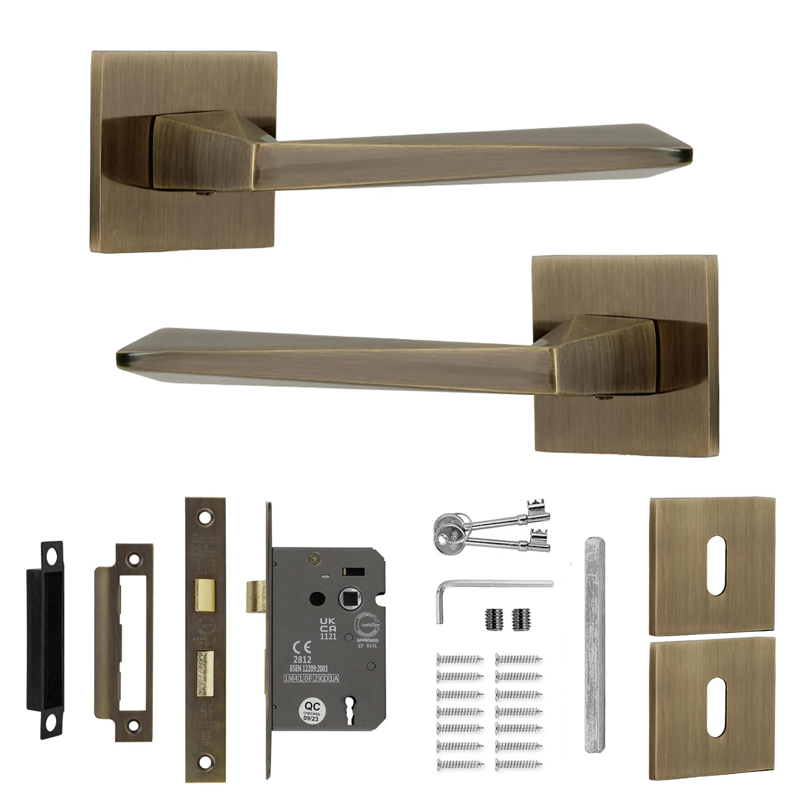 Decoranddecor Leda Antique Brass Lever Handles with Lock and Keys – Aluminium Internal Door Set Designed for Wooden Interiors, Combining Classic Detailing and Modern Style