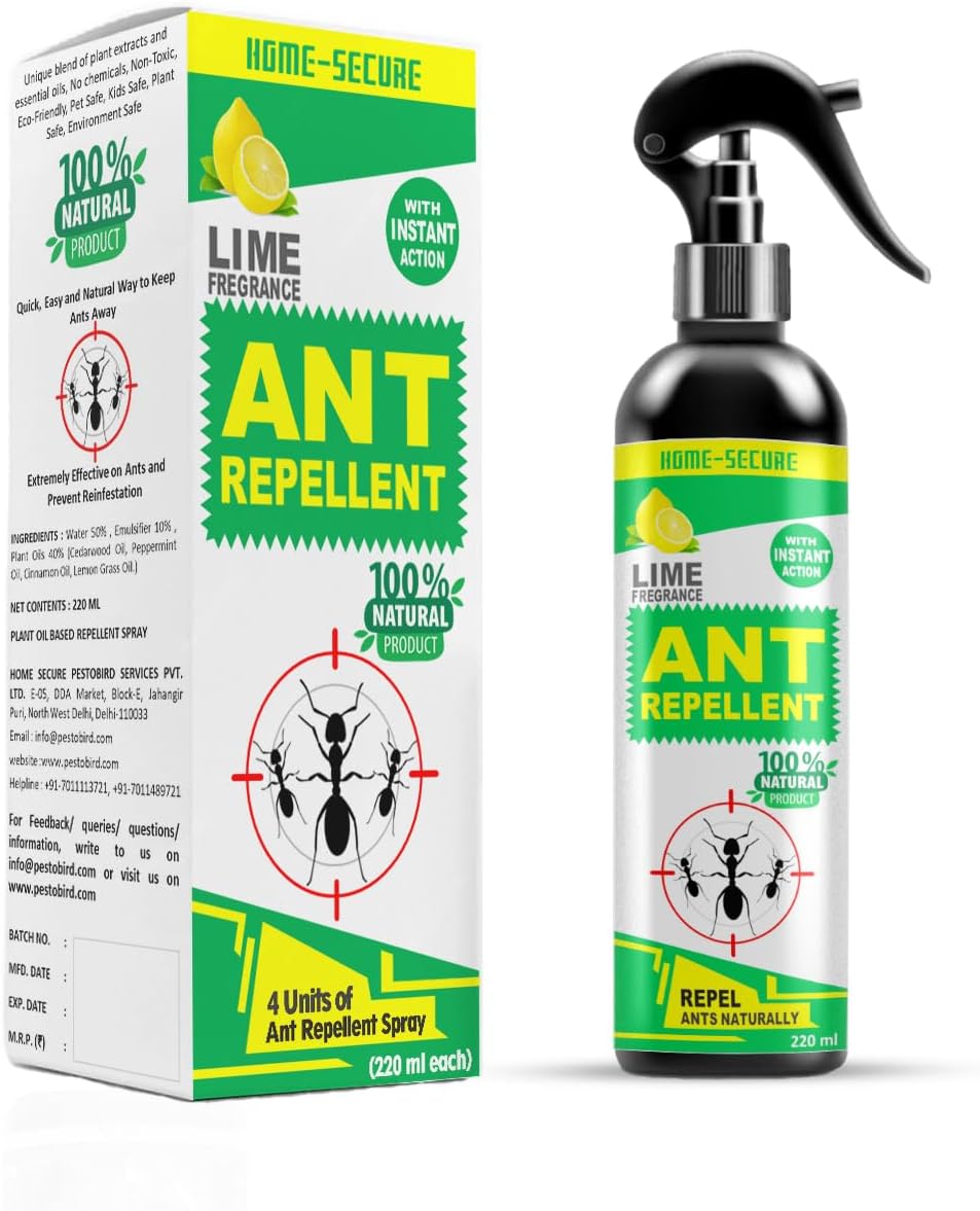 Home-Secure Ant Repellent Spray 220 ml, natural herbal repellent spray made with plant oils | Safe for pets, babies, skin | Chemical Free, eco-Friendly (Pack of 4)