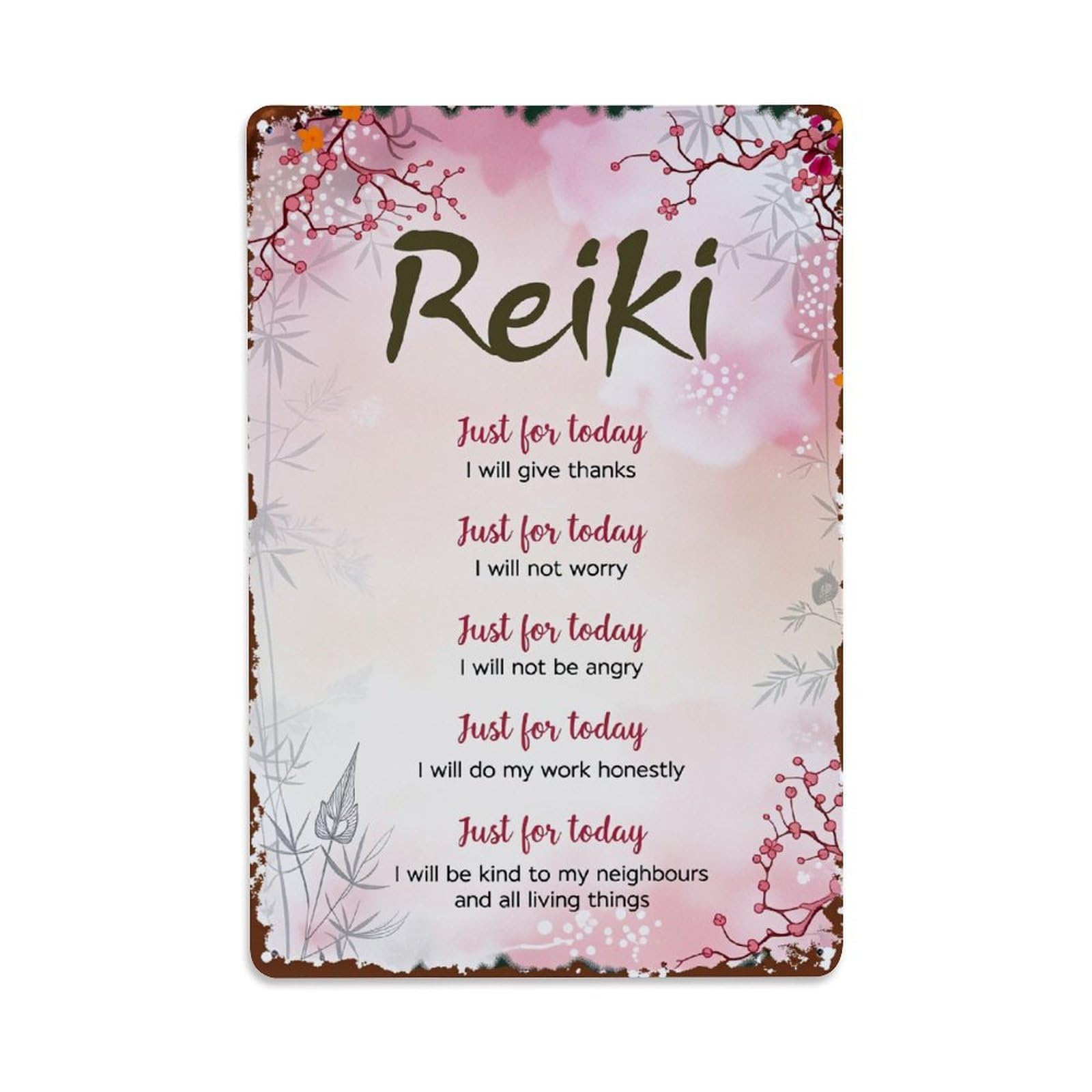 Ageksten Vintage Reiki Floral Watercolor Pattern With Bamboo And Berries Tin Sign Retro Metal Sign For Cafe Bar Pub Home Game Room Gym Club Wall Decoration Metal Poster 8X12 Inch