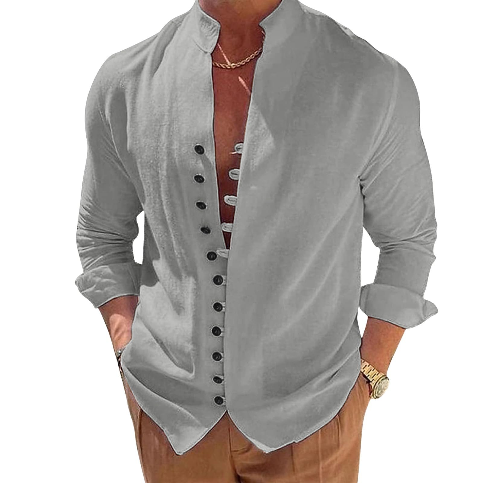 Puimentiua Leinenhemd Herren Langarm Leichtes Sommerhemd Strand Henley Shirt mit Stehkragen