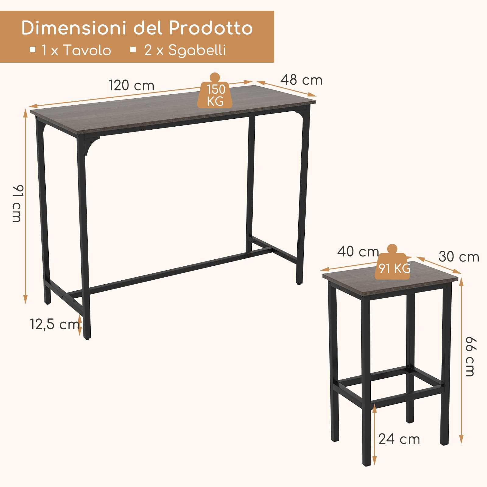 COSTWAY Tavolo con 2 Sgabelli in Metallo e Legno, Set da Pranzo 3 Pezzi, Tavolo Rettangolare da Cucina con 2 Sedie per Sala da Pranzo, Appartamento e Bistro, Stile Retrò (Grigio)