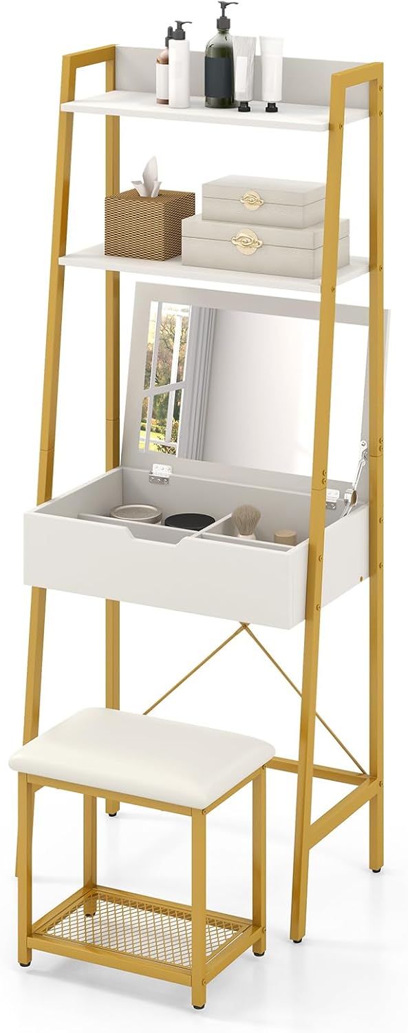 Multigot Dressing Table and Stool Set, Ladder Vanity Desk with Flip Top