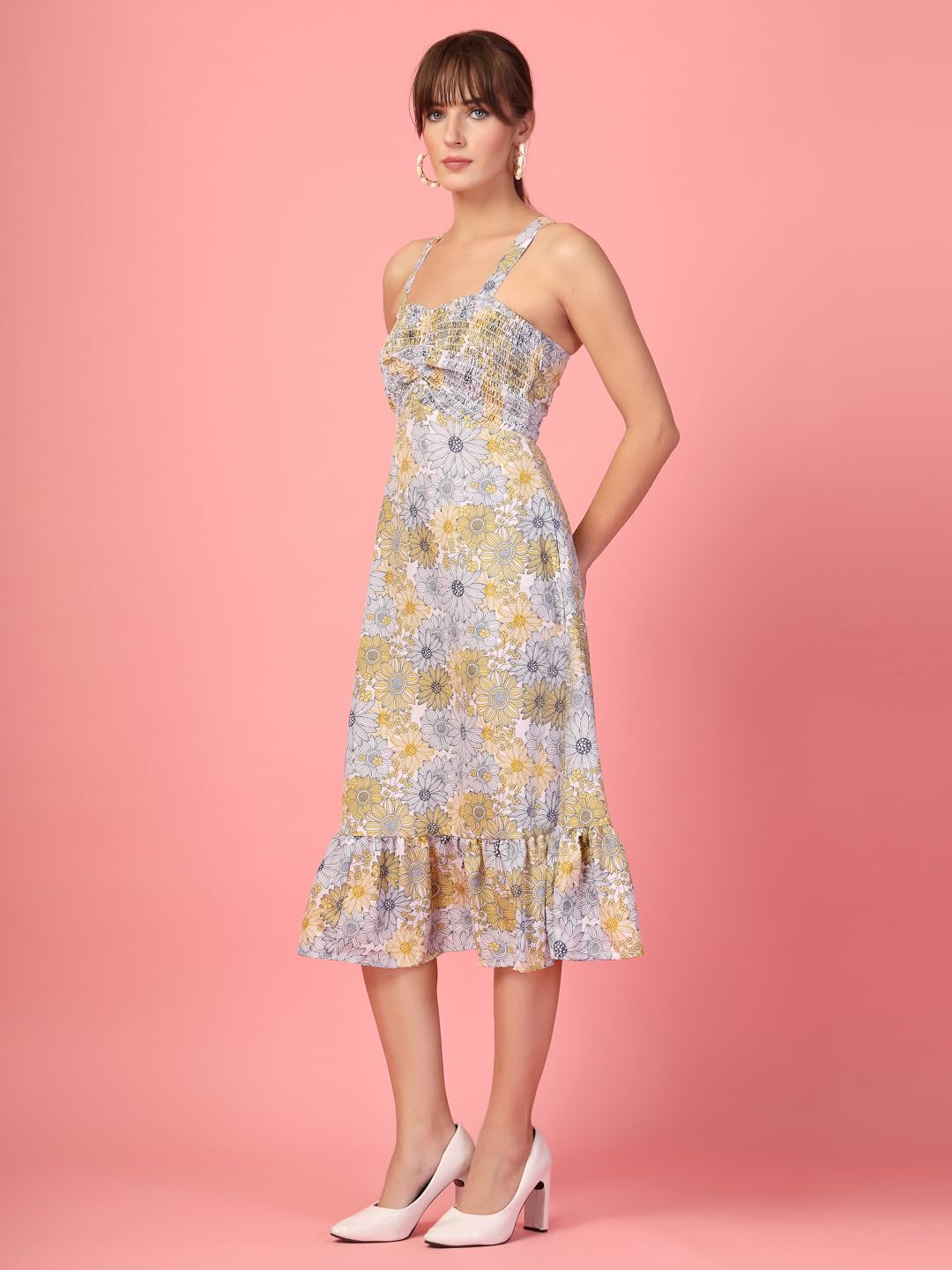 Oomph Women's Western & Fusion Wear Printed Crepe Dress For Women, Smocked Bodice, Yellow - Md1060