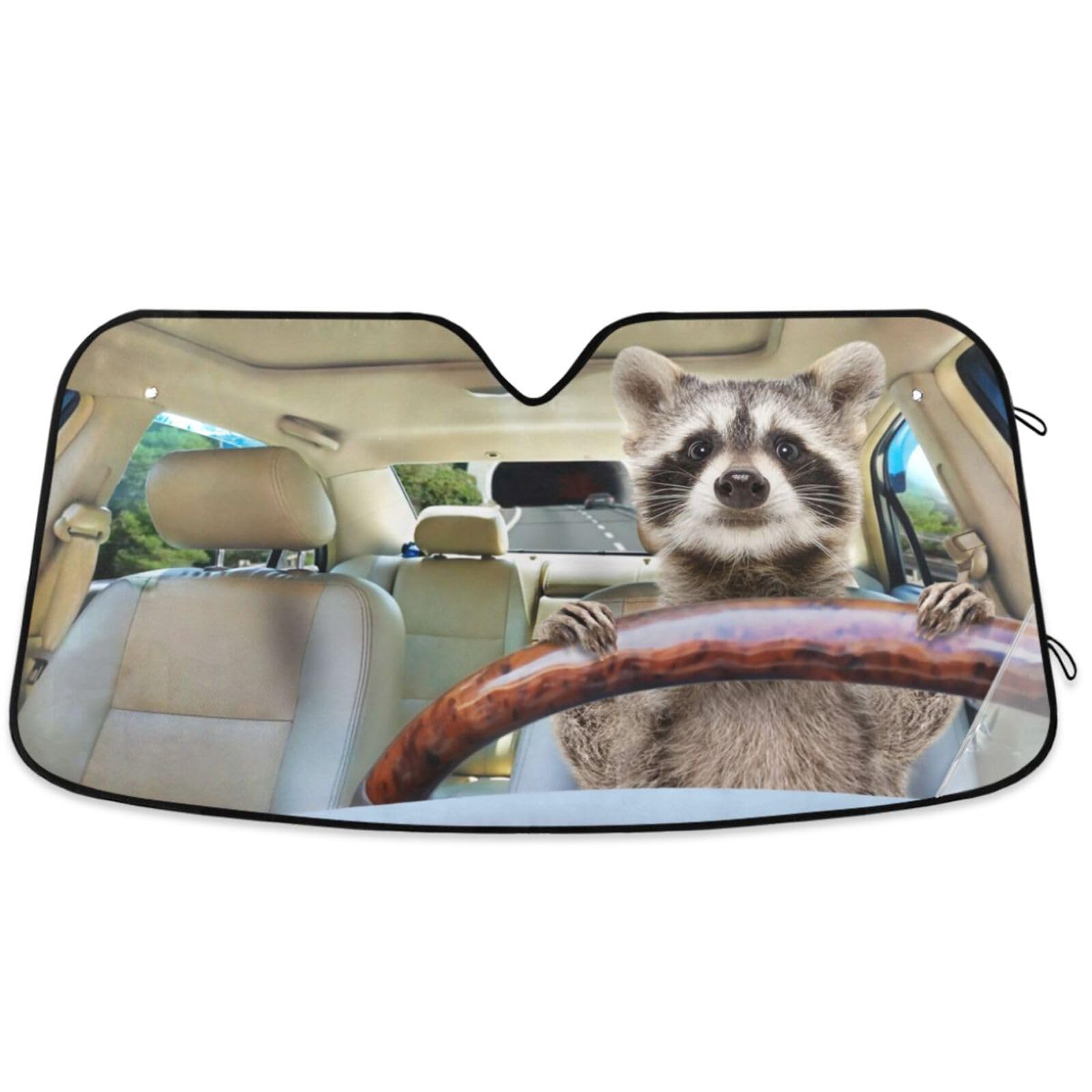 Oarencol Funny Raccoon Driving Car Windshield Sun Shade Foldable UV Ray Sun Visor Protector Sunshade to Keep Your Vehicle Cool (55" x 27.6")