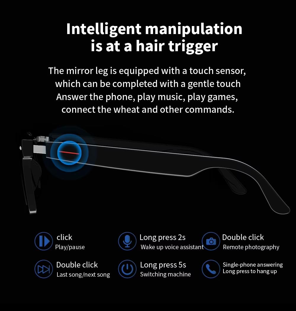 Occhiali Intelligenti Occhiali Wireless Bluetooth 5.3 con Cuffie Chiamate in Vivavoce Musica Fotografia Nero C PC+CTA+TR90+Nylon 1 Set