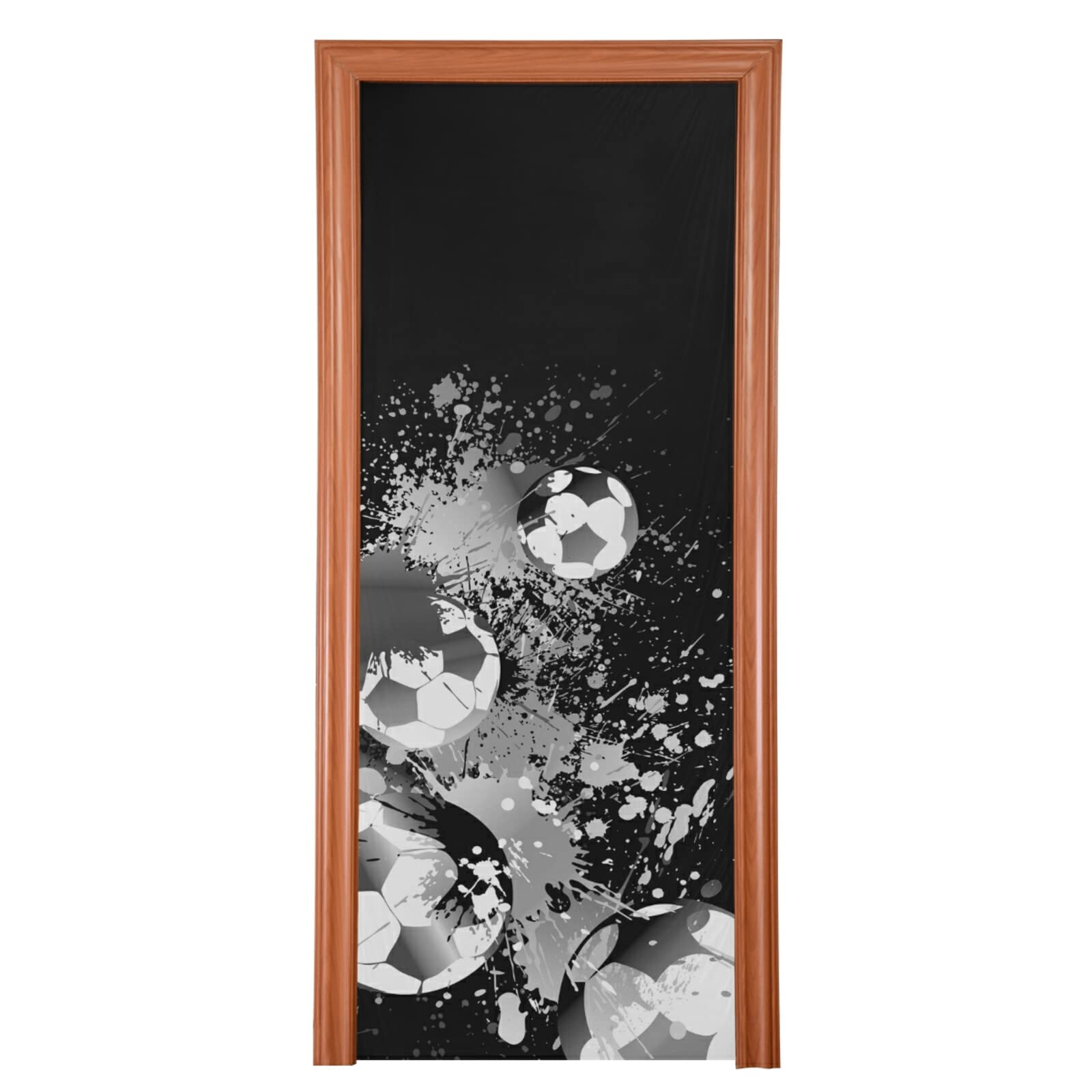 Black White Footballs Spots Dots Paint on Black Door Cover, Washable Fabric Durable Door Decoration Silk Microfiber for Front Door Porch Home Indoor Outdoor Party 35x79 inches