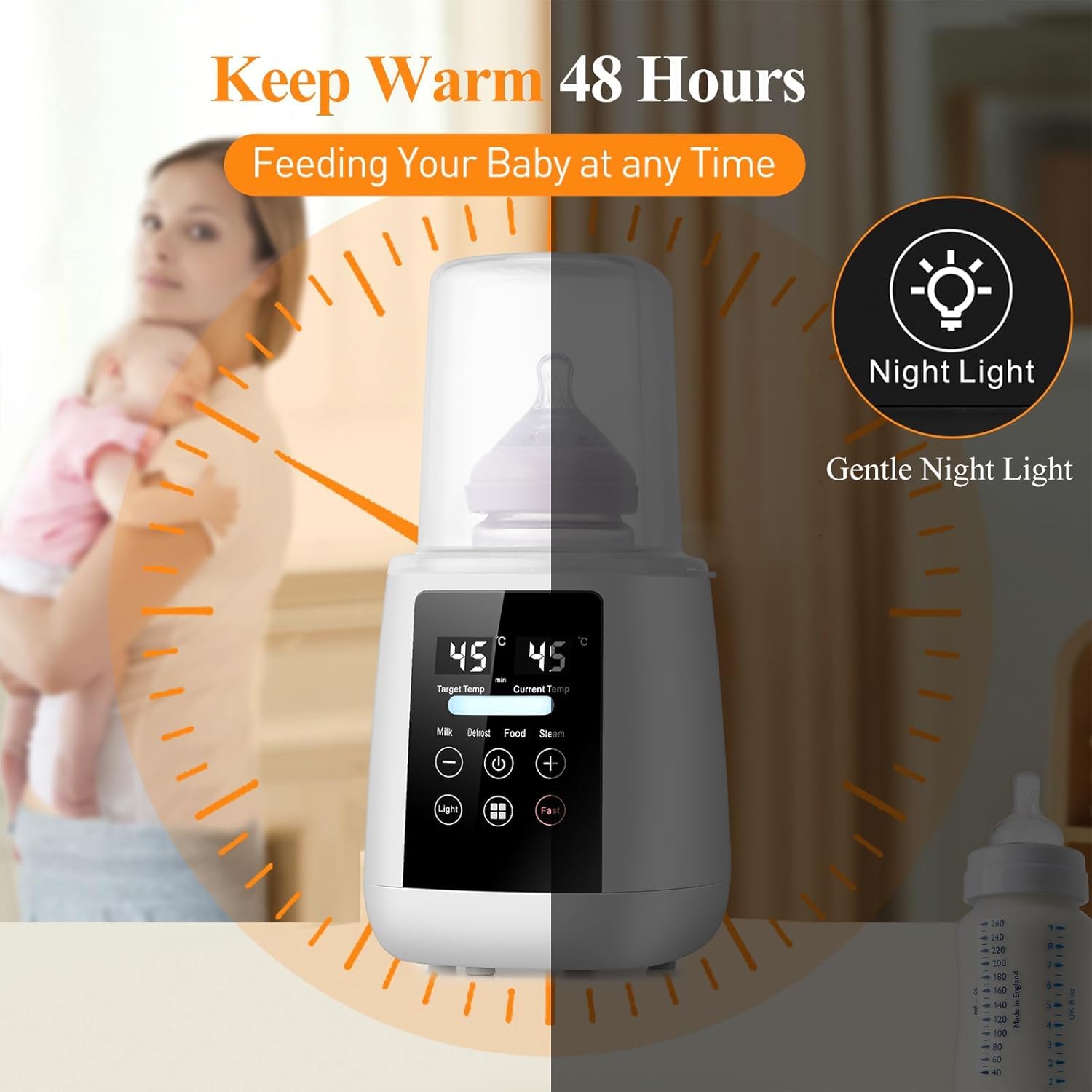 Calentador de biberones, calentador de biberones portátil para leche materna o fórmula, calentador de leche con termostato 48H con pantalla LED, control preciso de temperatura, para biberones de todos