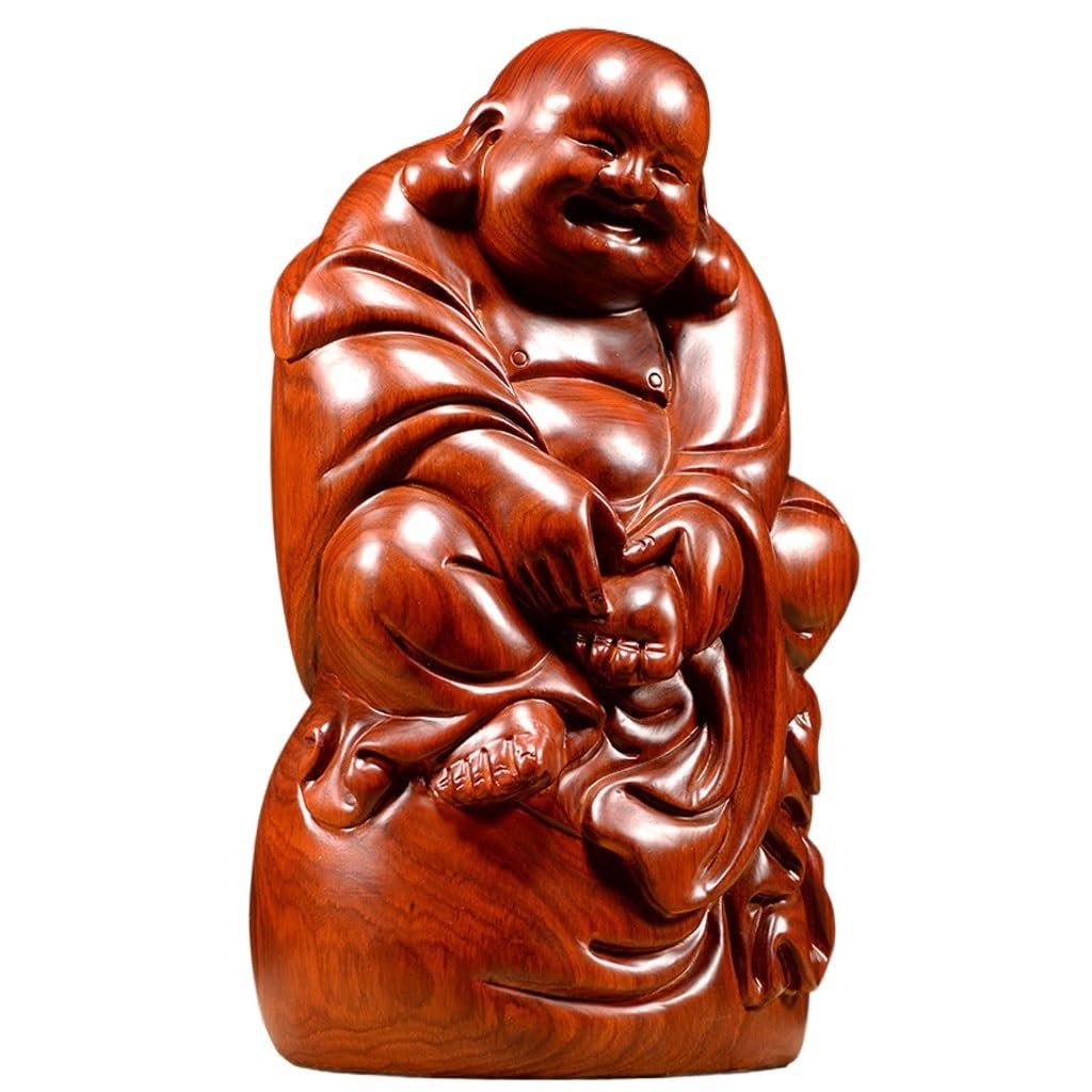 Dekoracja na biurko drewniana statua buddy ozdoby lite drewno duży siedzący uśmiechnięty budda dekoracja domu mahoń rzemiosło rzeźby dekoracja domu (15,74 cala)