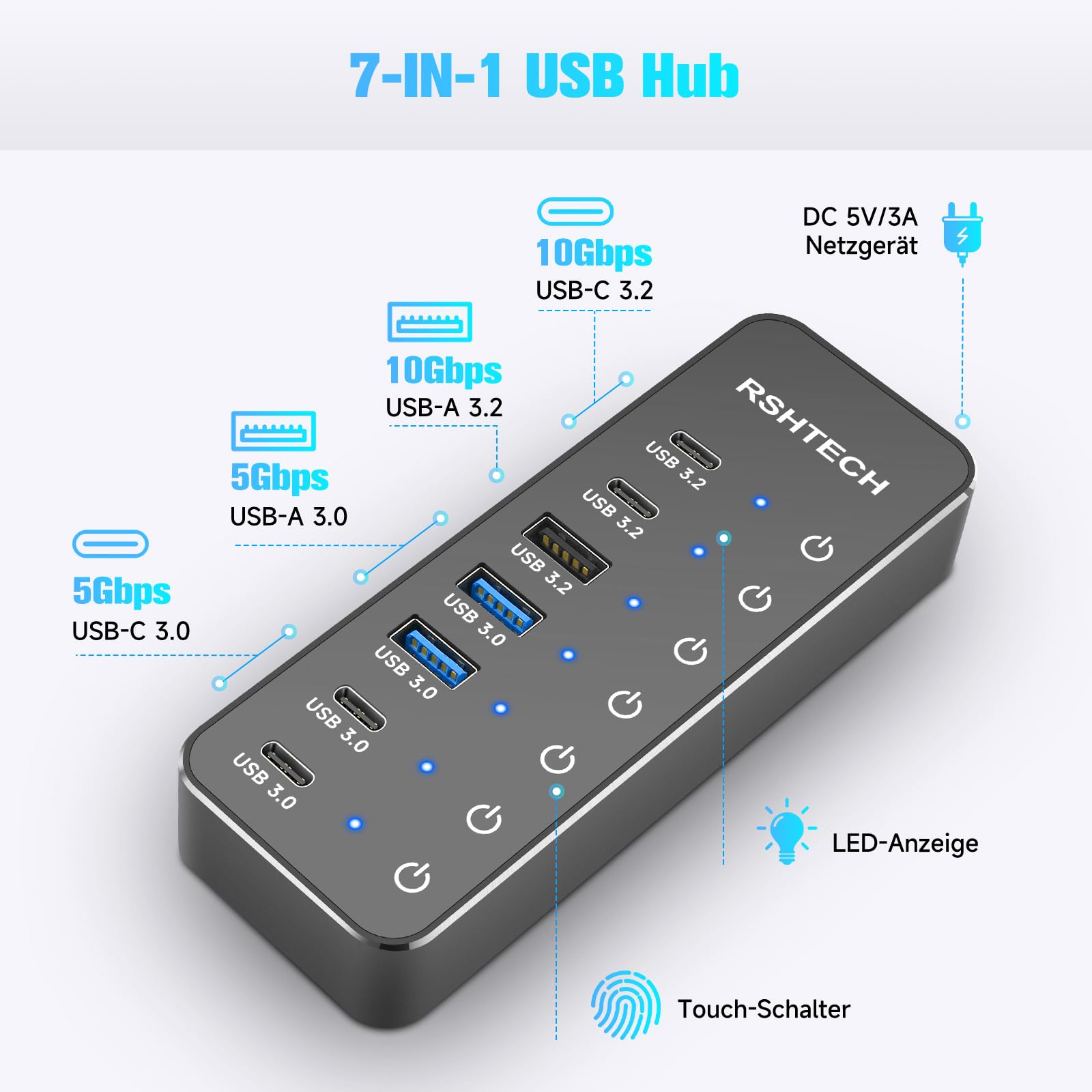 RSHTECH 7 Port Hub USB Alimenté, Alimentation DC 5V USB C Hub, RSH-ST07C-4 | avec 3*10Gbps Data Ports (USB-A, 2*USB-C), 4*5Gbps USB3.0 Ports (2*USB-A, 2*USB-C), Hub 3.2 USB avec CâbleUSB(100CM)