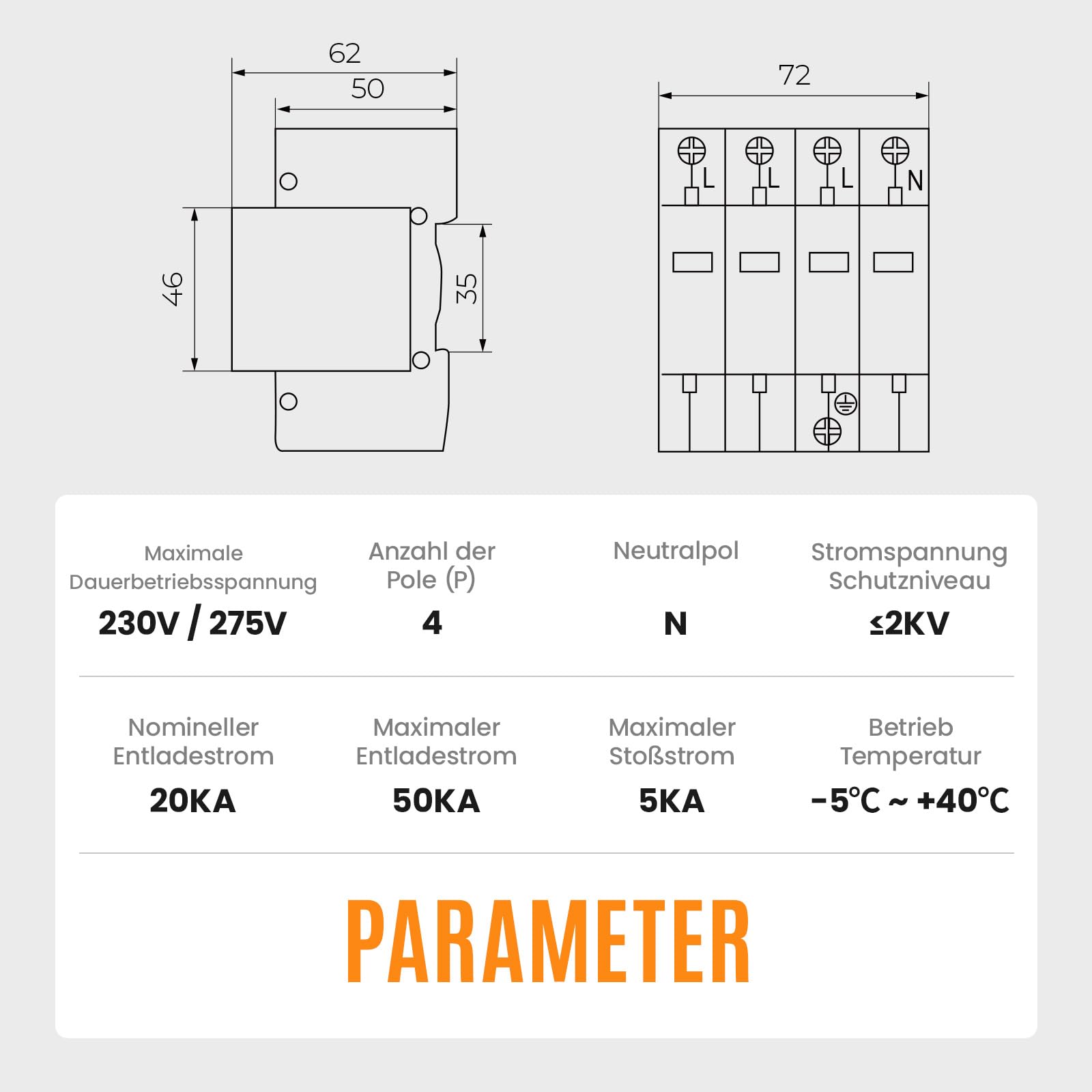 Überspannungsschutz & Überspannungsableiter 230V/275V Typ 1+2 (20-50kA 4P) – Blitzschutz für Haushalt, Solaranlagen und Industrie (4P 230V)