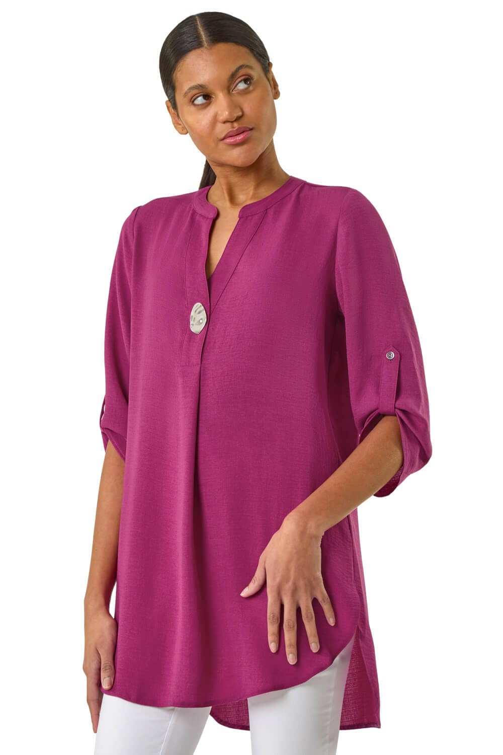 Roman Women's Button Detail V-Neck Longline Tunic Blouse in Magenta | Size: 12
