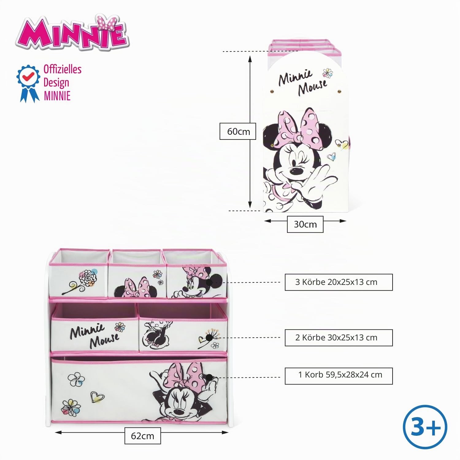 ARDITEX – Organizer aus Holz mit 6 Textilboxen mit Minnie-Mouse-Motiv von Disney – 62x30x60 cm – Farbe Schwarz-Weiß – Perfekt zum Aufbewahren von Spielzeug im Kinderzimmer
