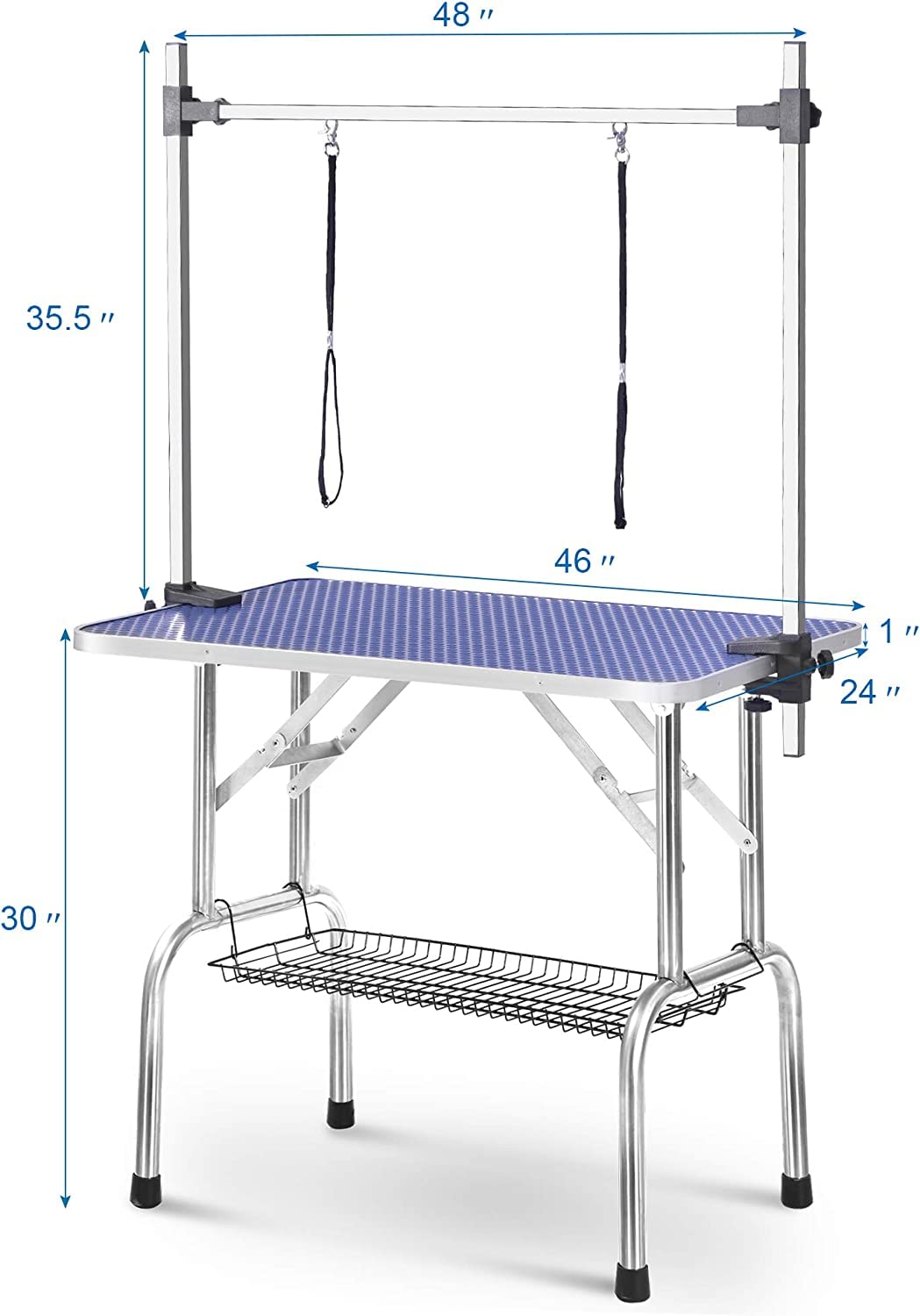 mydearpet Pet Dog Grooming Table, Adjustable Large Heavy Duty Professional Foldable Trimming Stage with Arms, Noose, Mesh Tray, Maximum Capacity Up to 330LBS, 46''/Blue